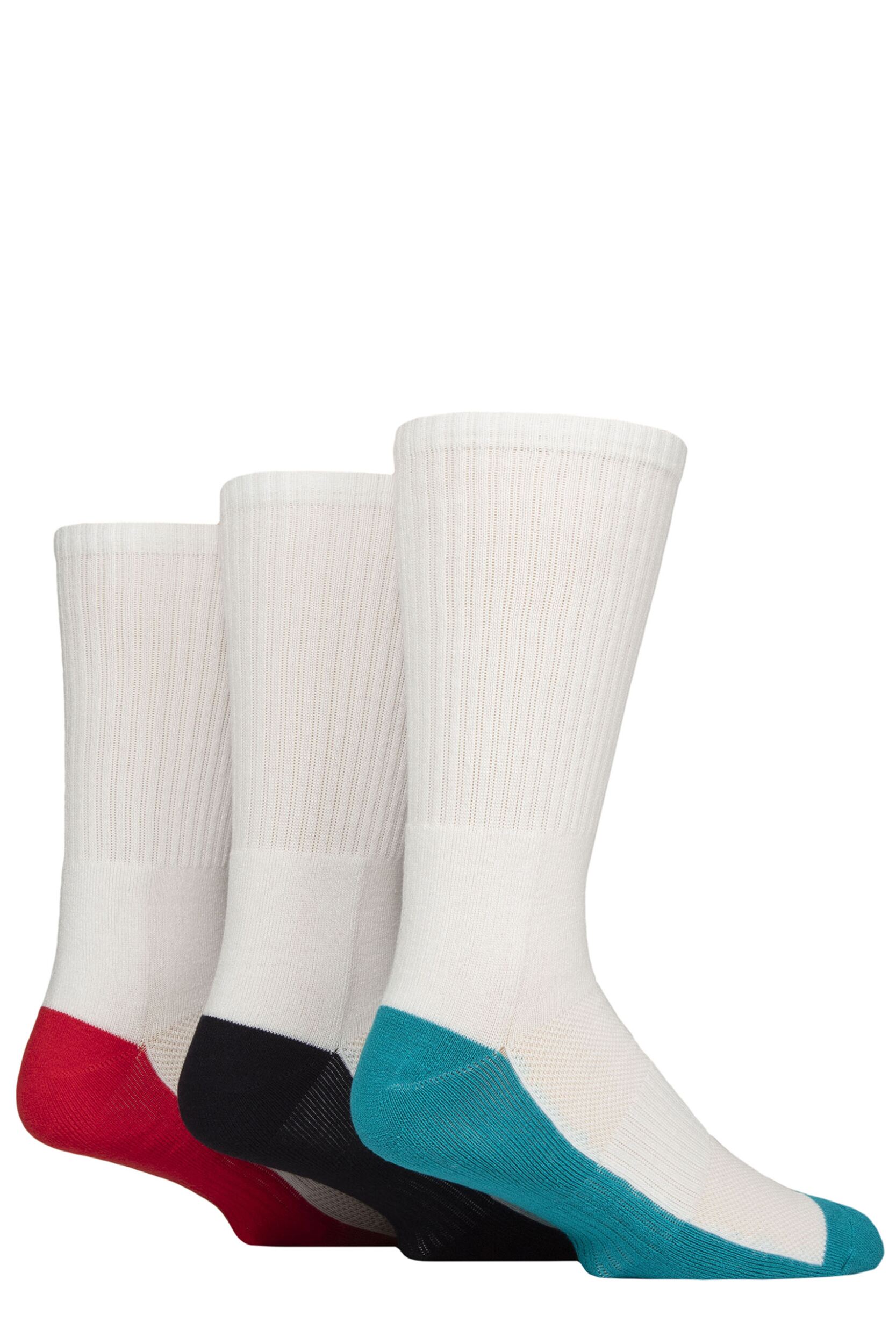 Mens 3 Pair Glenmuir Half Cushioned Bamboo Sports Socks White Teal / Navy / Red Sole 7-11 Mens