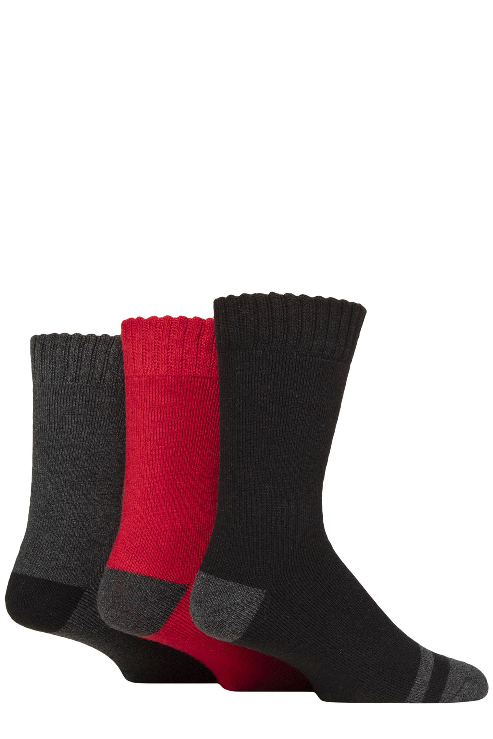 Mens 3 Pair Glenmuir Thermal Cushioned Boot Socks Black / Red / Charcoal 7-11