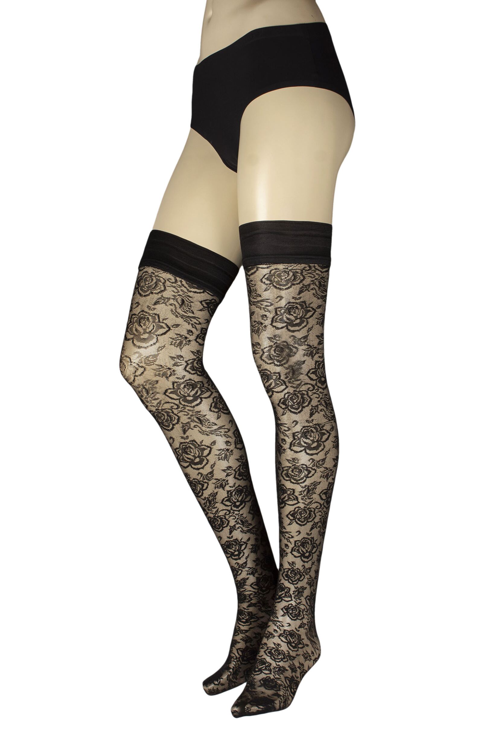 Women's 1 Pair Trasparenze Enif Flora Lace Hold Ups Black L/XL