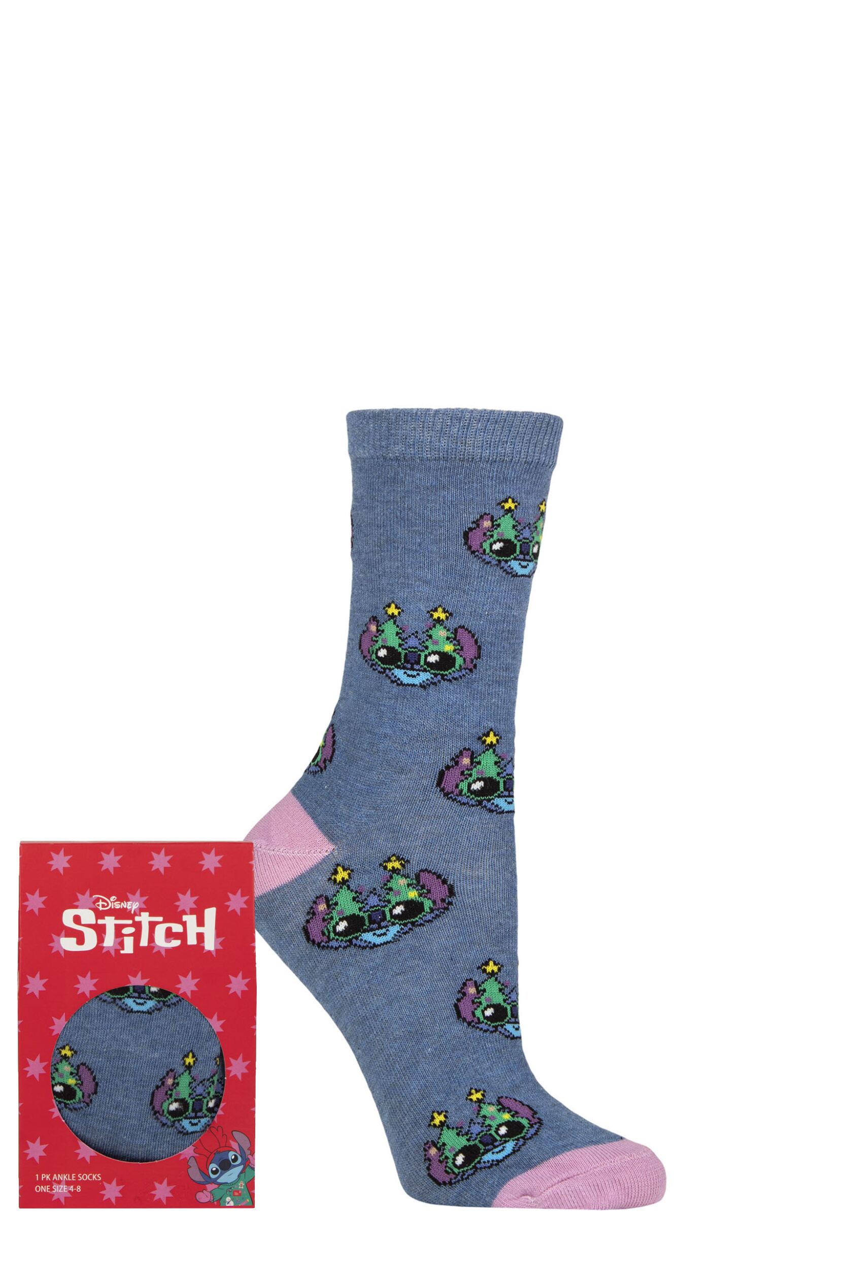 Women's 1 Pair SOCKSHOP Disney Stitch Christmas Gift Boxed Cotton Socks Multi 4-7 Women's