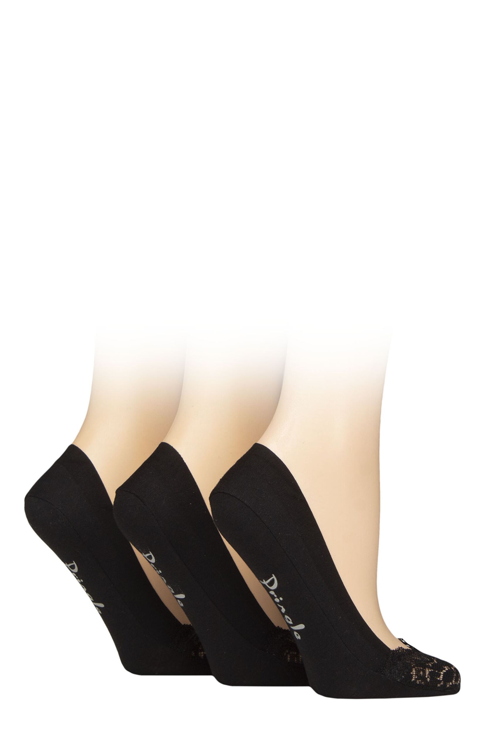Women's 3 Pair Pringle Lace Toe Shoe Liner Socks with Silicone Grip Black 4-8 Women's