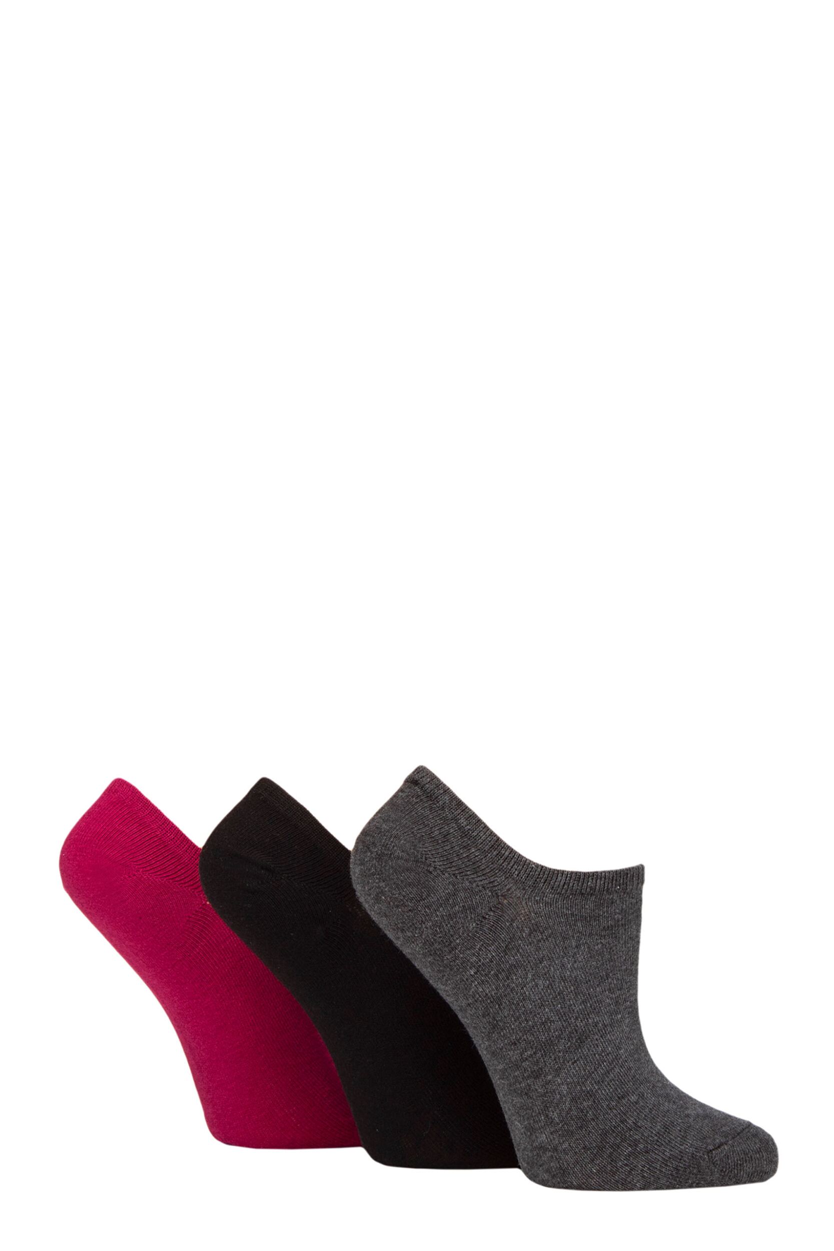 Women's 3 Pair Pringle Plain and Patterned Cotton Trainer Socks Black / Grey / Plum Plain 4-8 Ladies