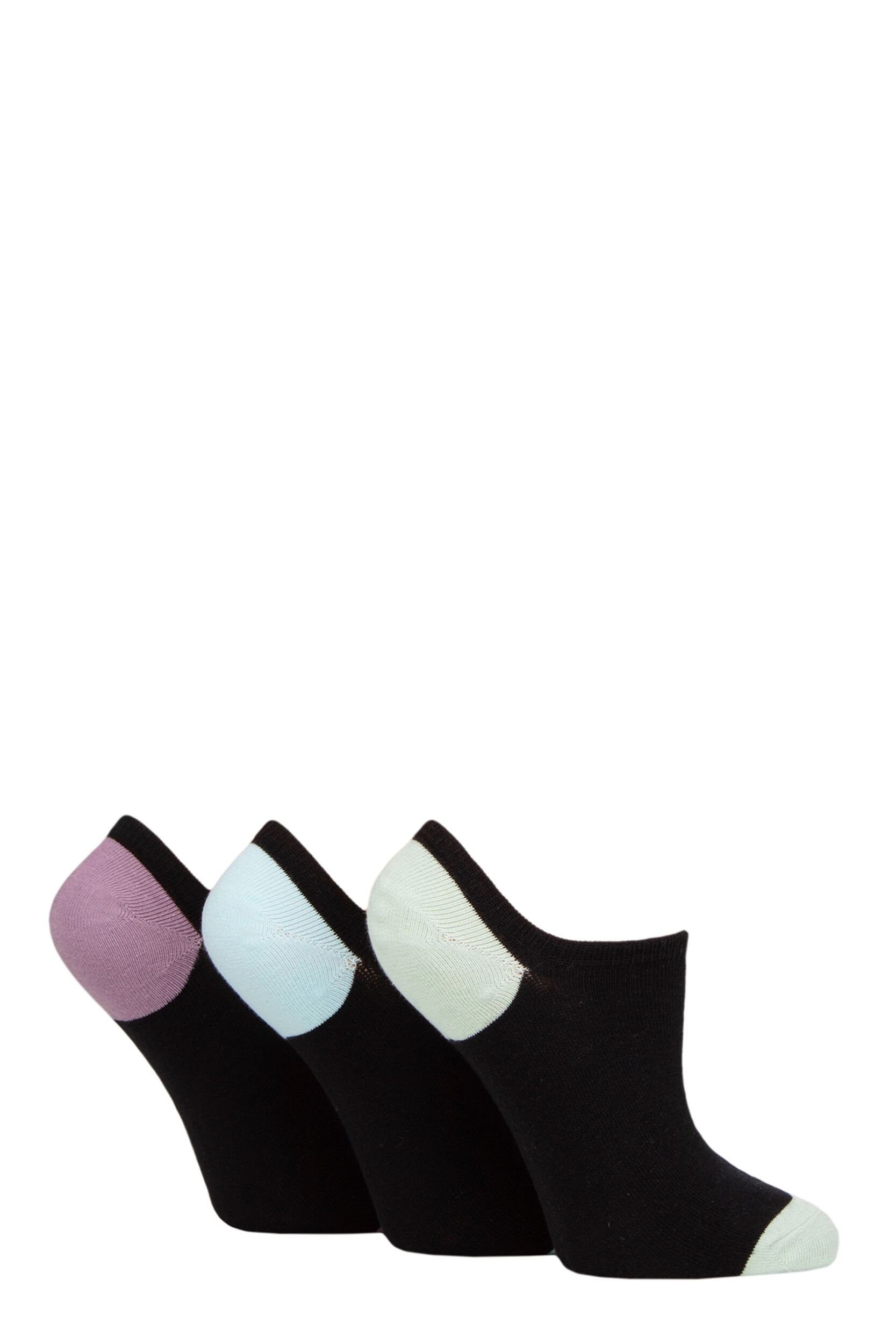 Women's 3 Pair Pringle Plain and Patterned Cotton Trainer Socks Black Purple / Light Blue / Green Heel & Toe 4-8 Ladies