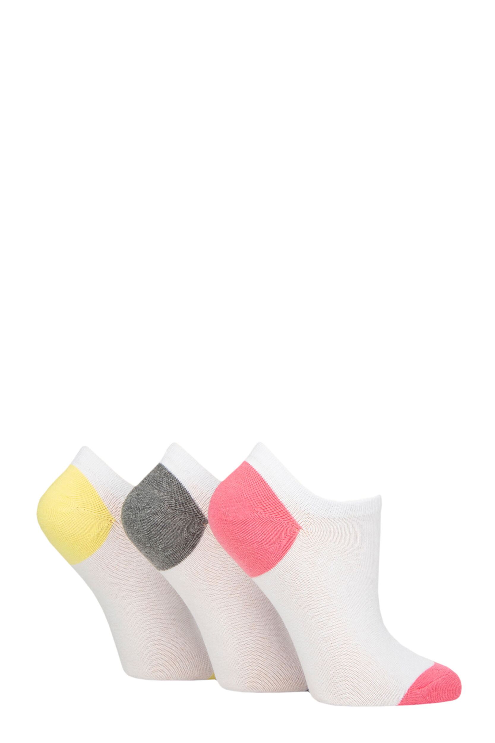 Women's 3 Pair Pringle Plain and Patterned Cotton Trainer Socks White Pink / Grey / Yellow Heel & Toe 4-8 Ladies