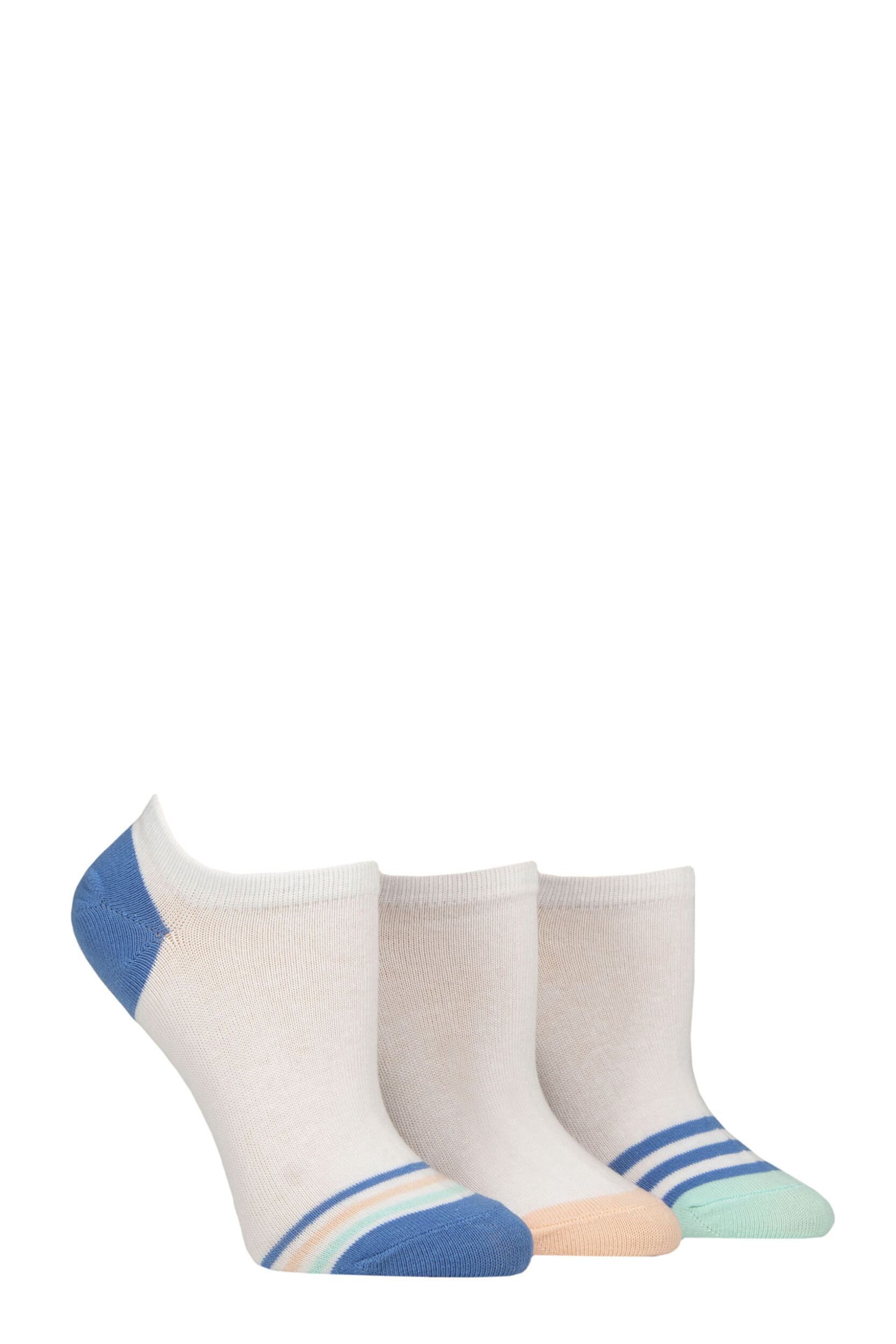 Women's 3 Pair Pringle Plain and Patterned Cotton Trainer Socks White Toe Stripe / Blue 4-8 Women's