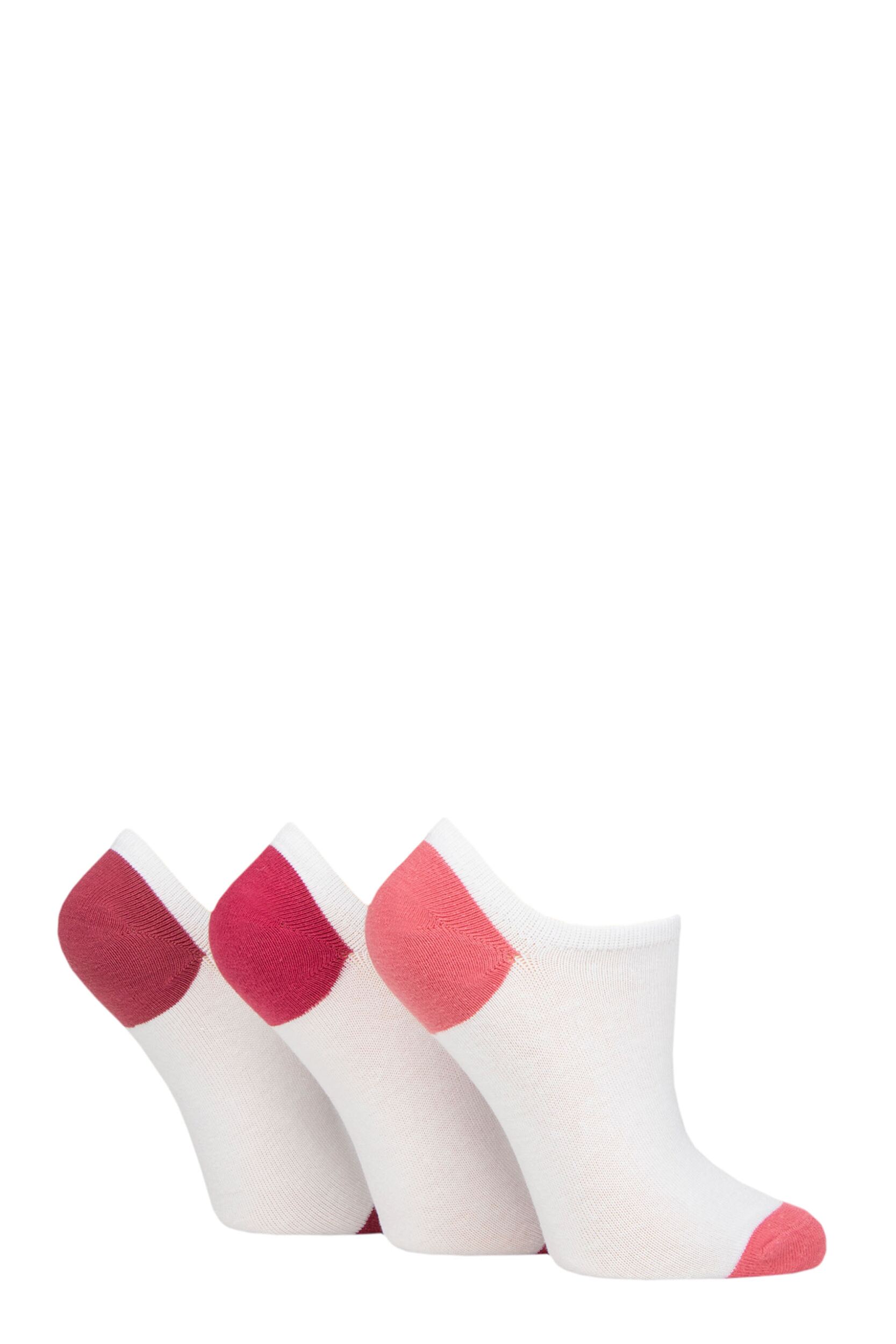 Women's 3 Pair Pringle Plain and Patterned Cotton Trainer Socks White / Pink Heel & Toe 4-8 Ladies