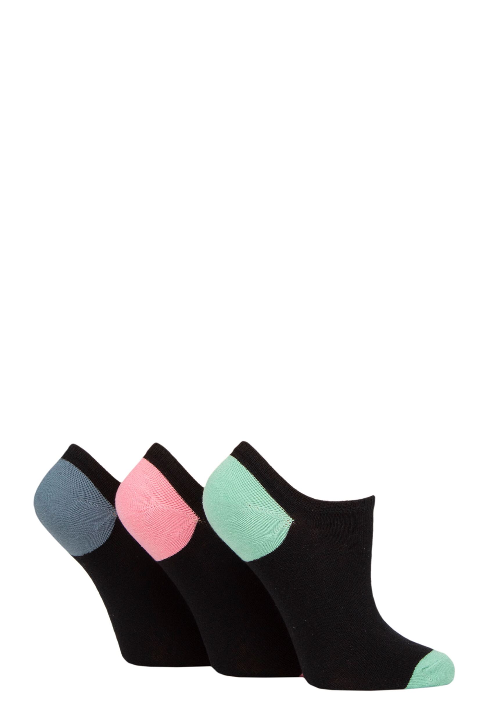 Women's 3 Pair Pringle Plain and Patterned Cotton Trainer Socks Black Mint / Pink / Denim Heel & Toe 4-8 Ladies