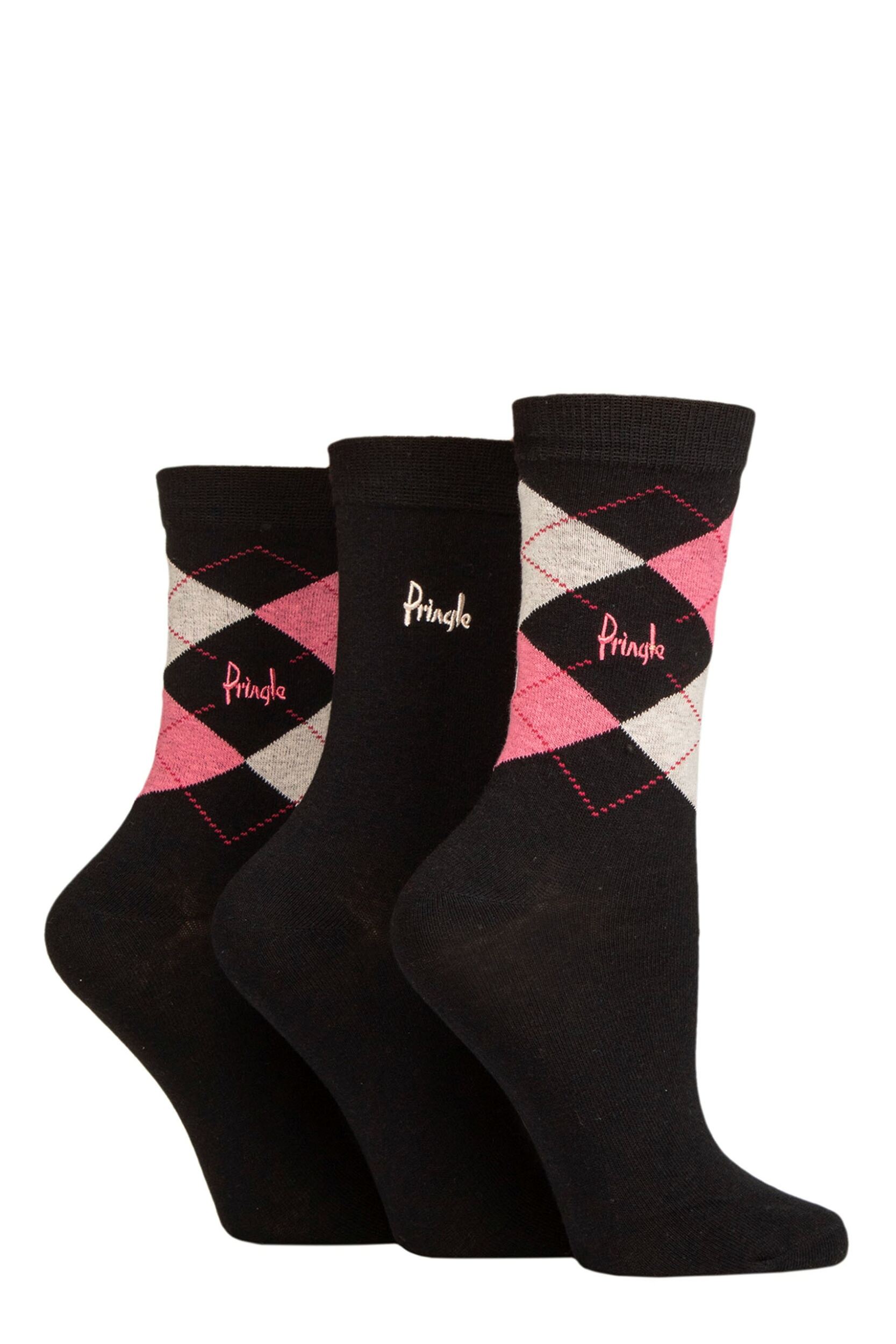 3 Pair Black / Pinks Louise Argyle Cotton Socks Ladies 4-8 Ladies - Pringle