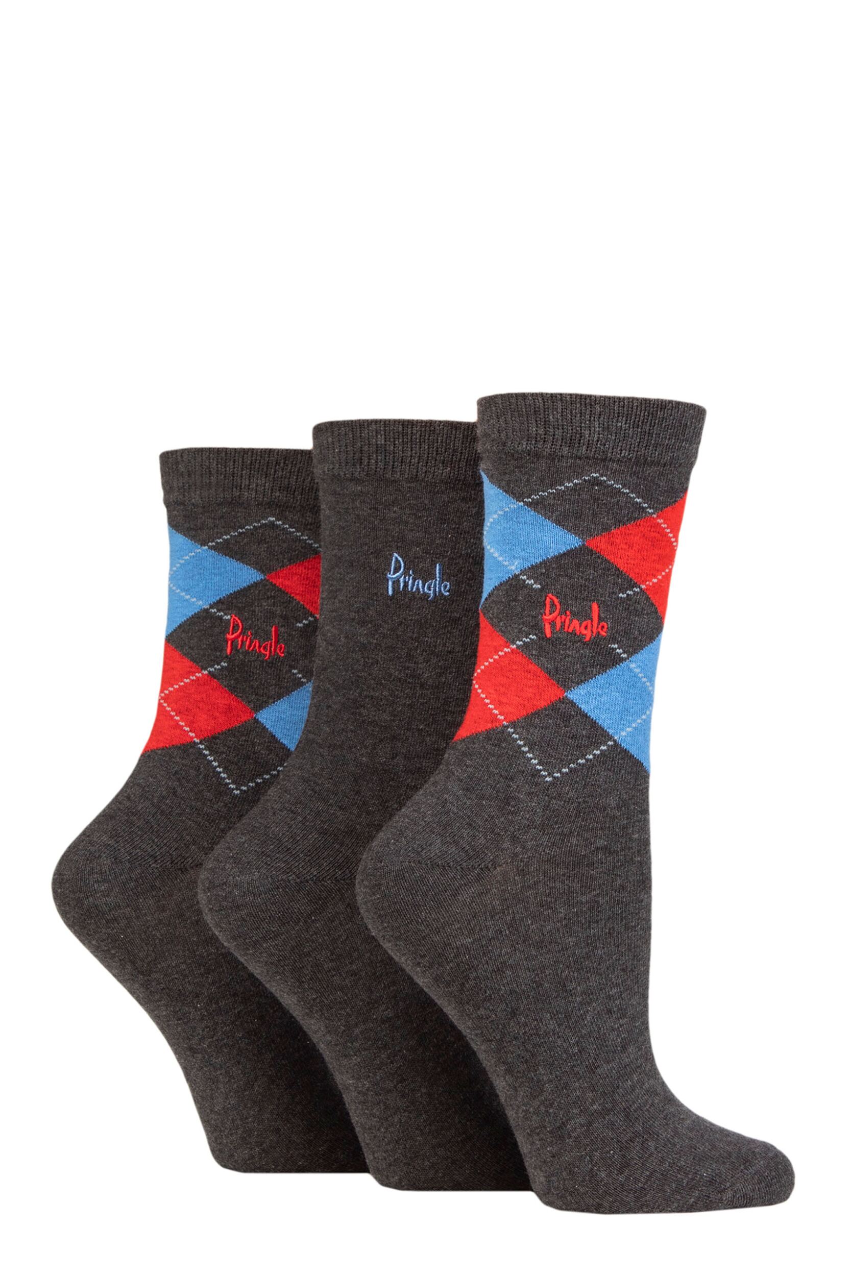 Image of Women's 3 Pair Pringle Patterned Cotton and Recycled Polyester Socks Argyle Charcoal Red / Blue UK 4-8