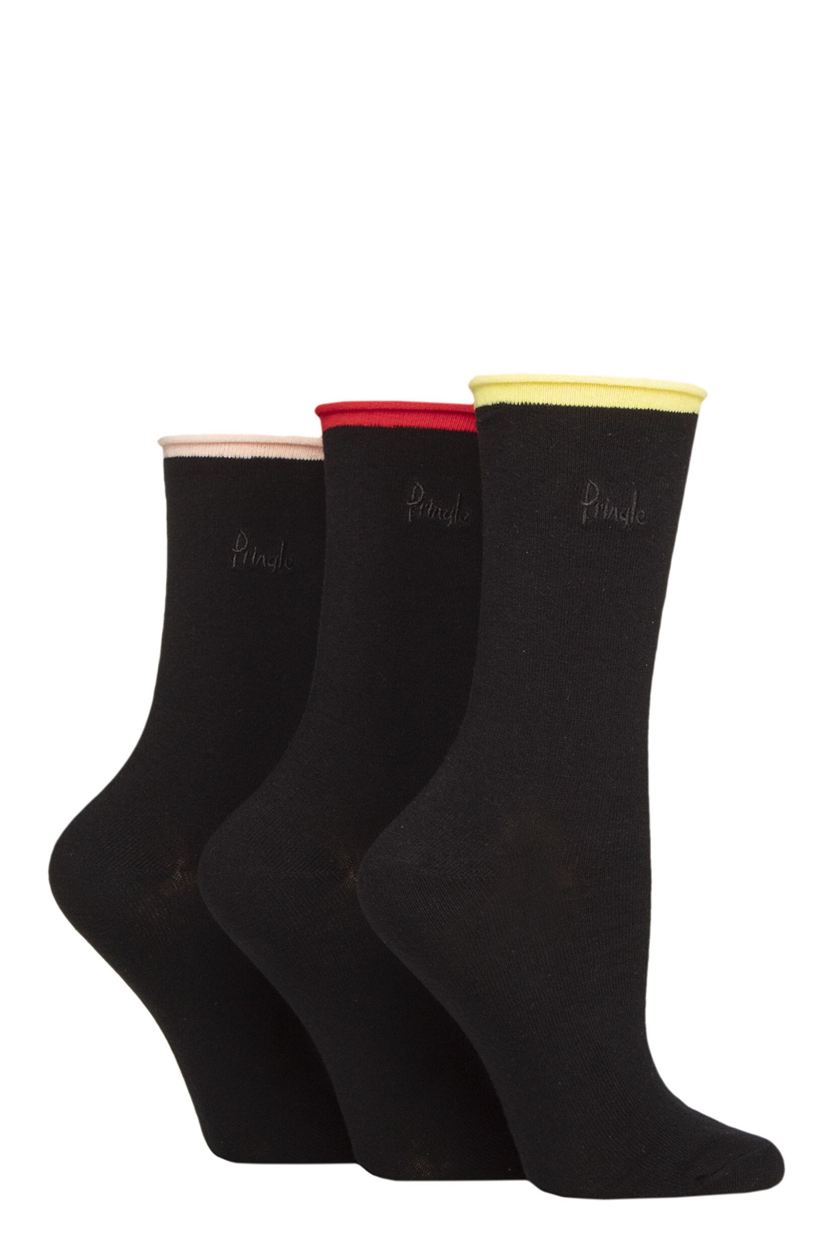 Women's 3 Pair Pringle Rebecca Contrast Roll Top Socks Yellow / Red / Light Pink 4-8