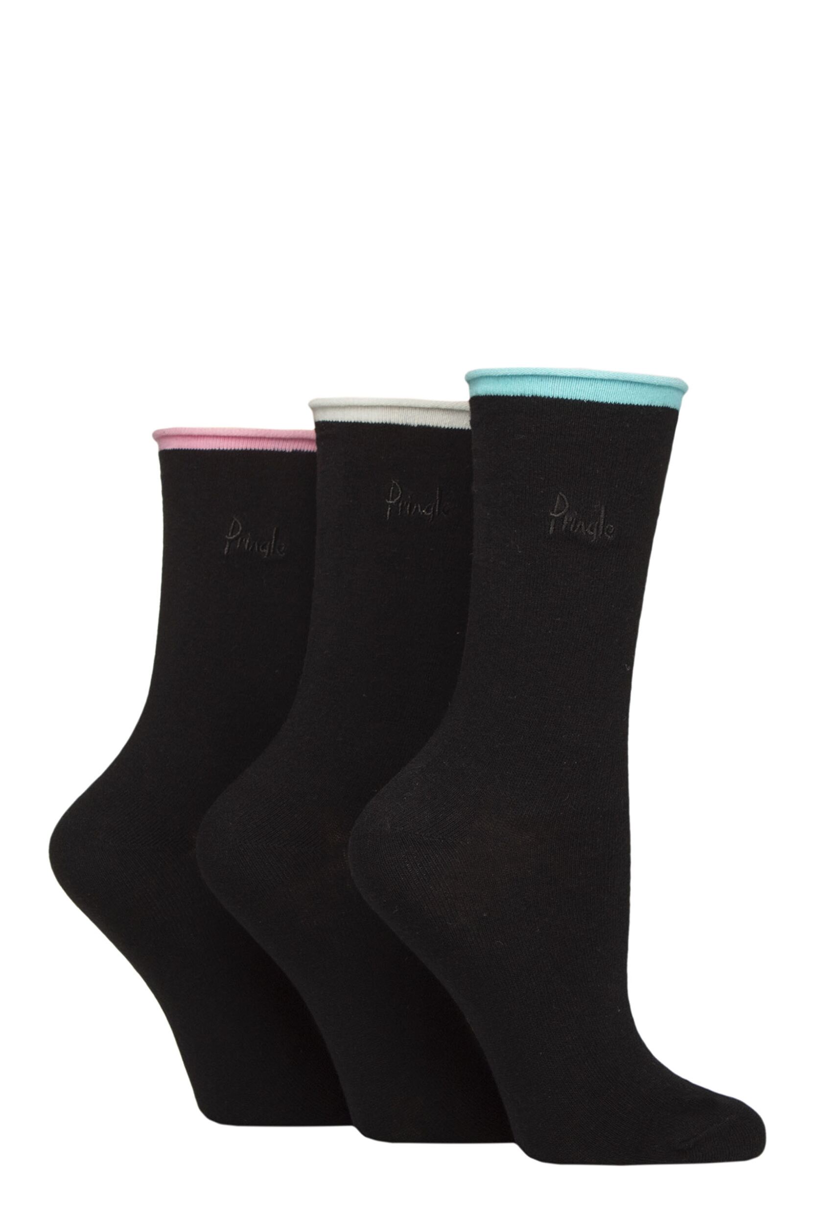 Women's 3 Pair Pringle Rebecca Contrast Roll Top Socks Aqua / White / Pink 4-8 Women's