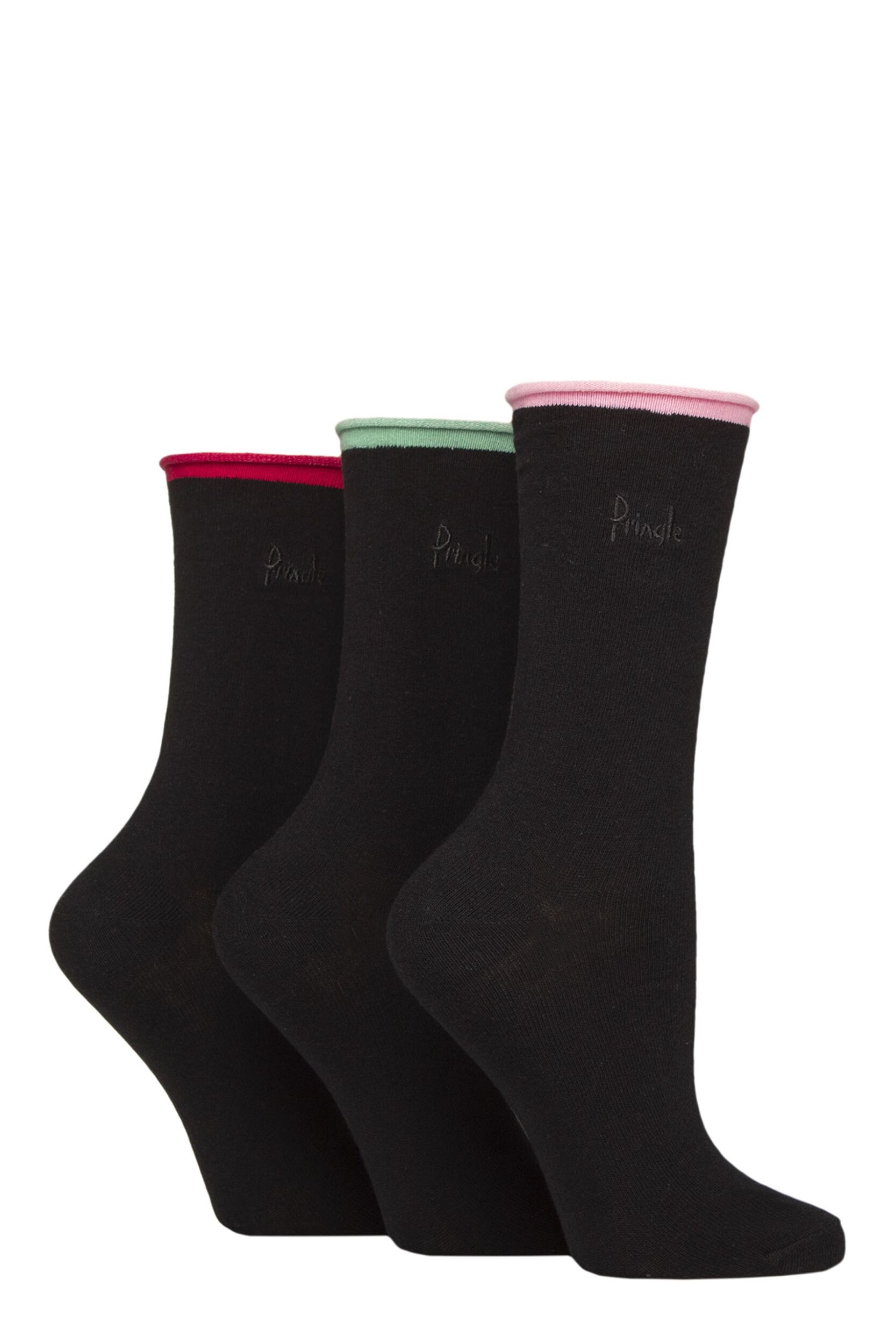 Women's 3 Pair Pringle Rebecca Contrast Roll Top Socks Pink / Green / Wine 4-8 Women's