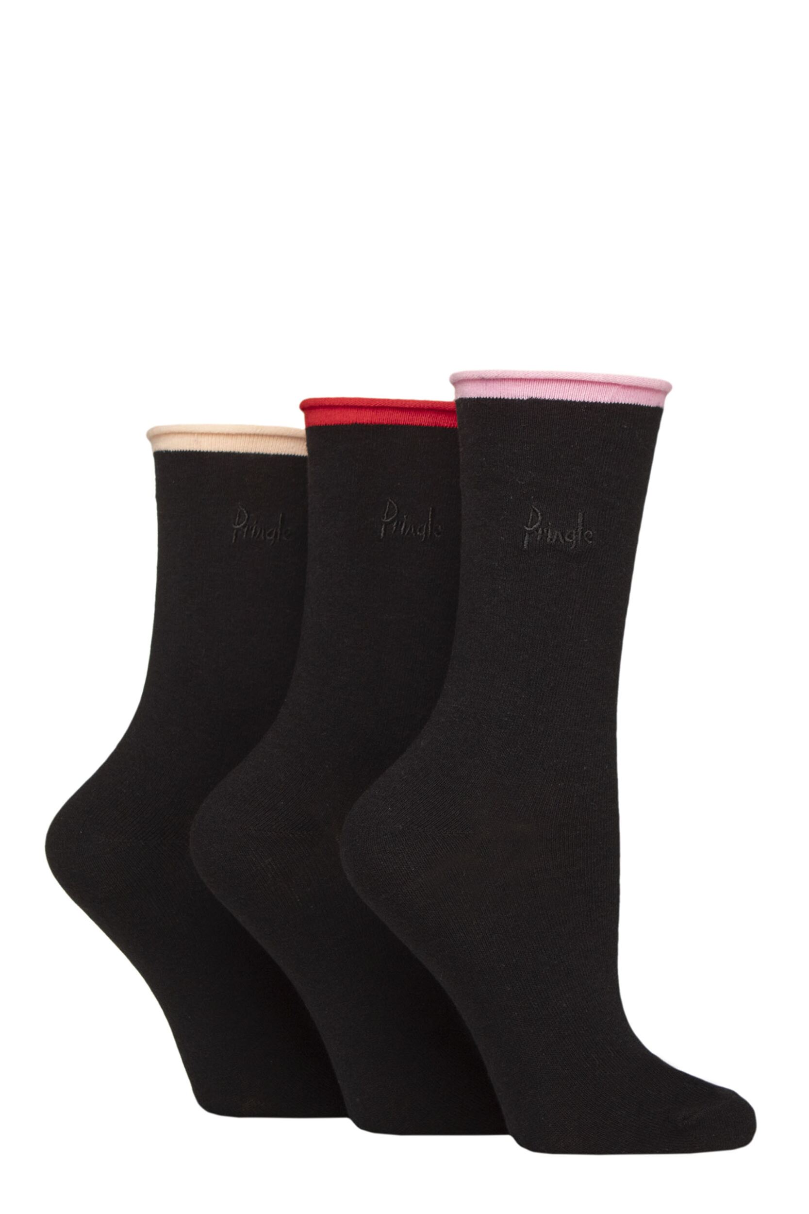 Women's 3 Pair Pringle Rebecca Contrast Roll Top Socks Pink / Red / Peach 4-8 Women's