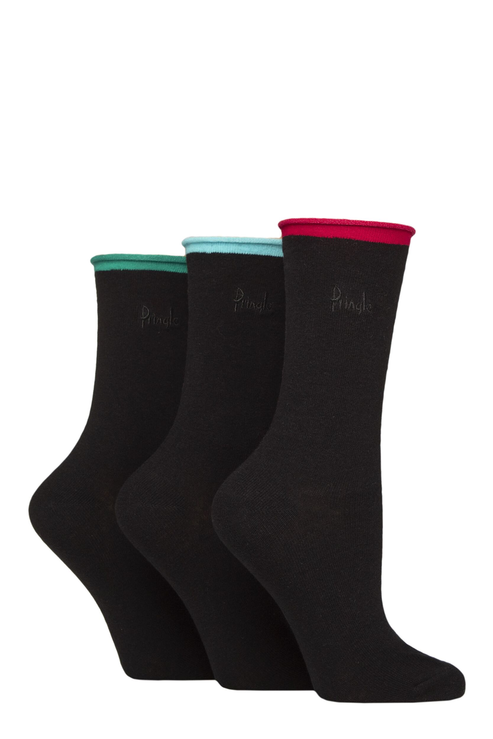 Women's 3 Pair Pringle Rebecca Contrast Roll Top Socks Ruby / Aqua / Green 4-8 Women's