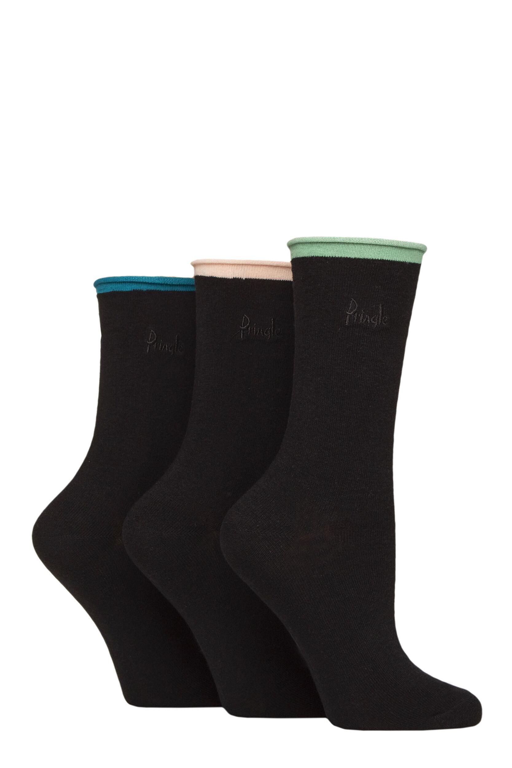 Women's 3 Pair Pringle Rebecca Contrast Roll Top Socks Sage / Peach / Teal 4-8 Women's
