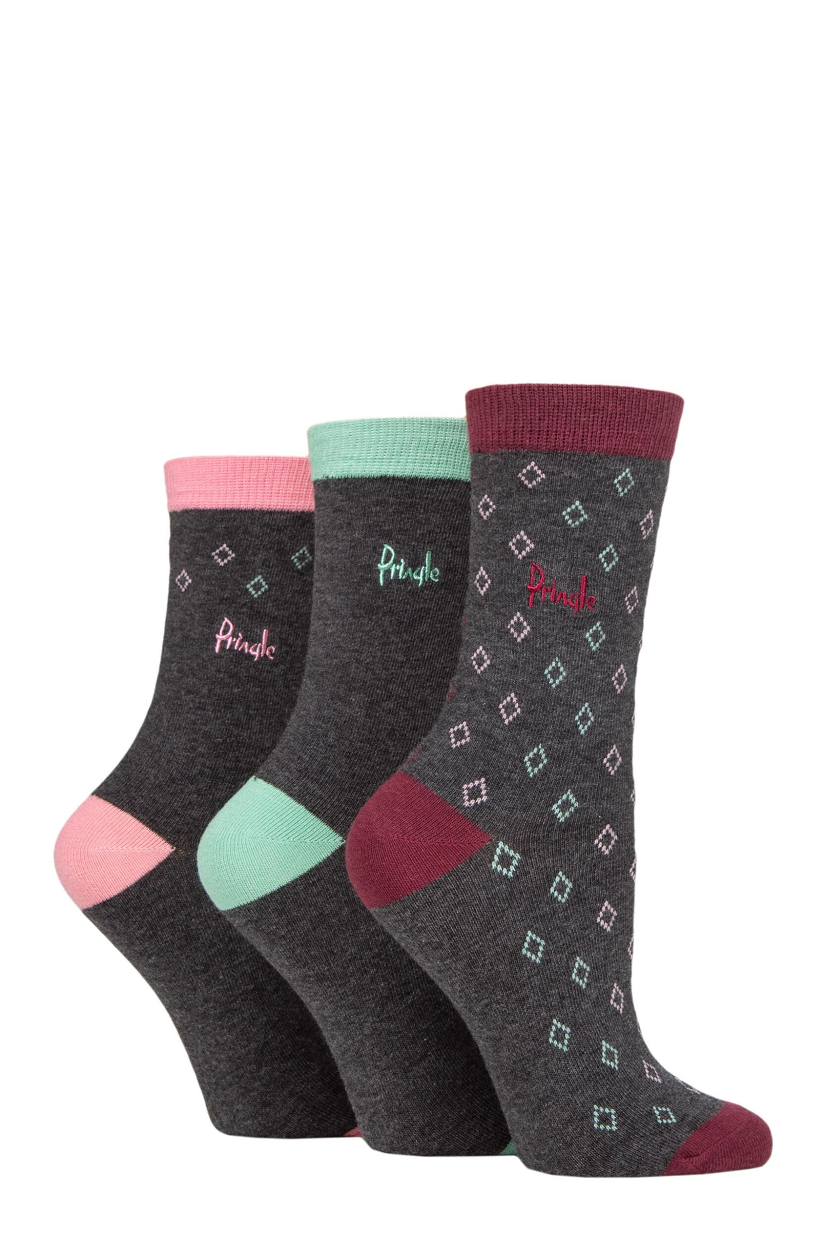 Women's 3 Pair Pringle Patterned Cotton Socks Charcoal Diamonds 4-8 Ladies