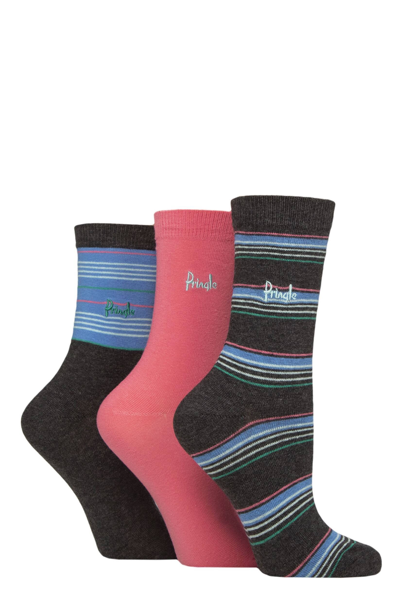 Women's 3 Pair Pringle Patterned Cotton Socks Charcoal Multi Stripe 4-8 Women's