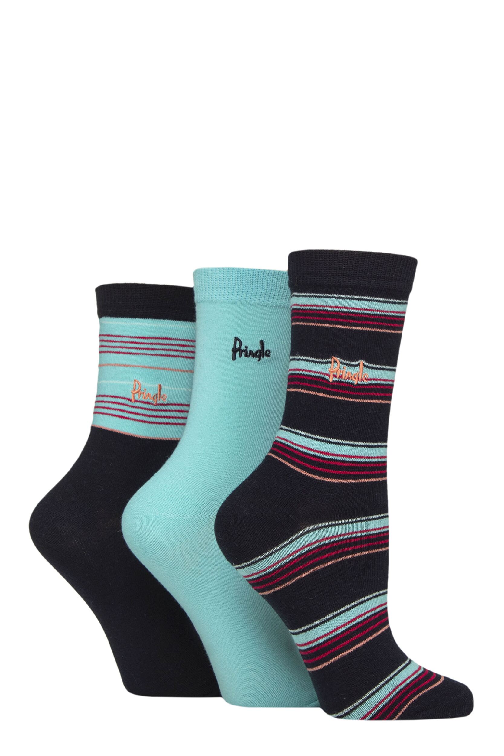Women's 3 Pair Pringle Patterned Cotton Socks Navy Multi Stripe 4-8 Women's