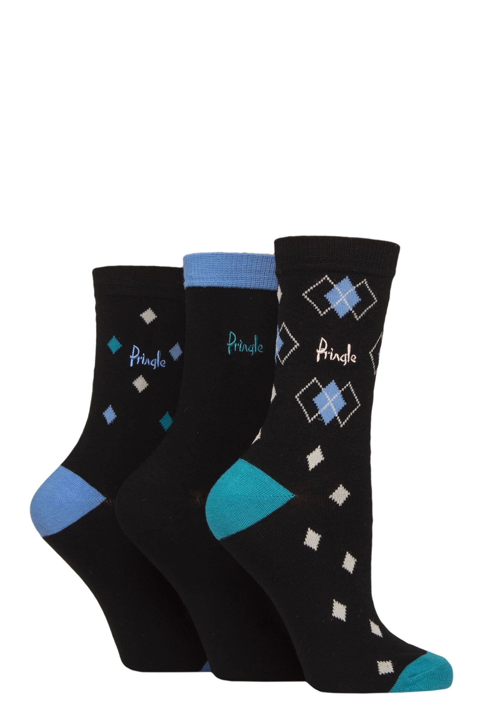 Women's 3 Pair Pringle Patterned Cotton Socks Black Argyle 4-8 Women's