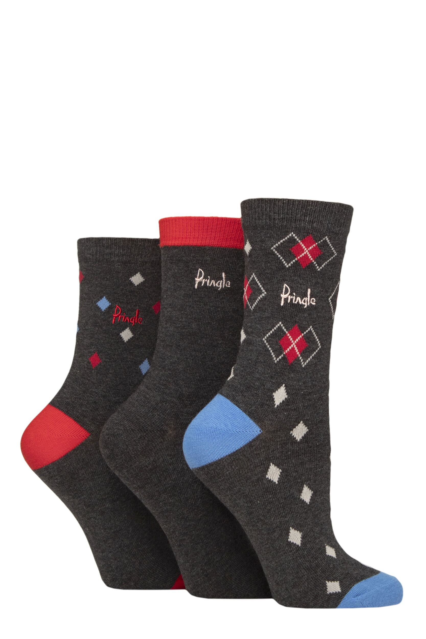 Women's 3 Pair Pringle Patterned Cotton Socks Charcoal Argyle 4-8 Women's