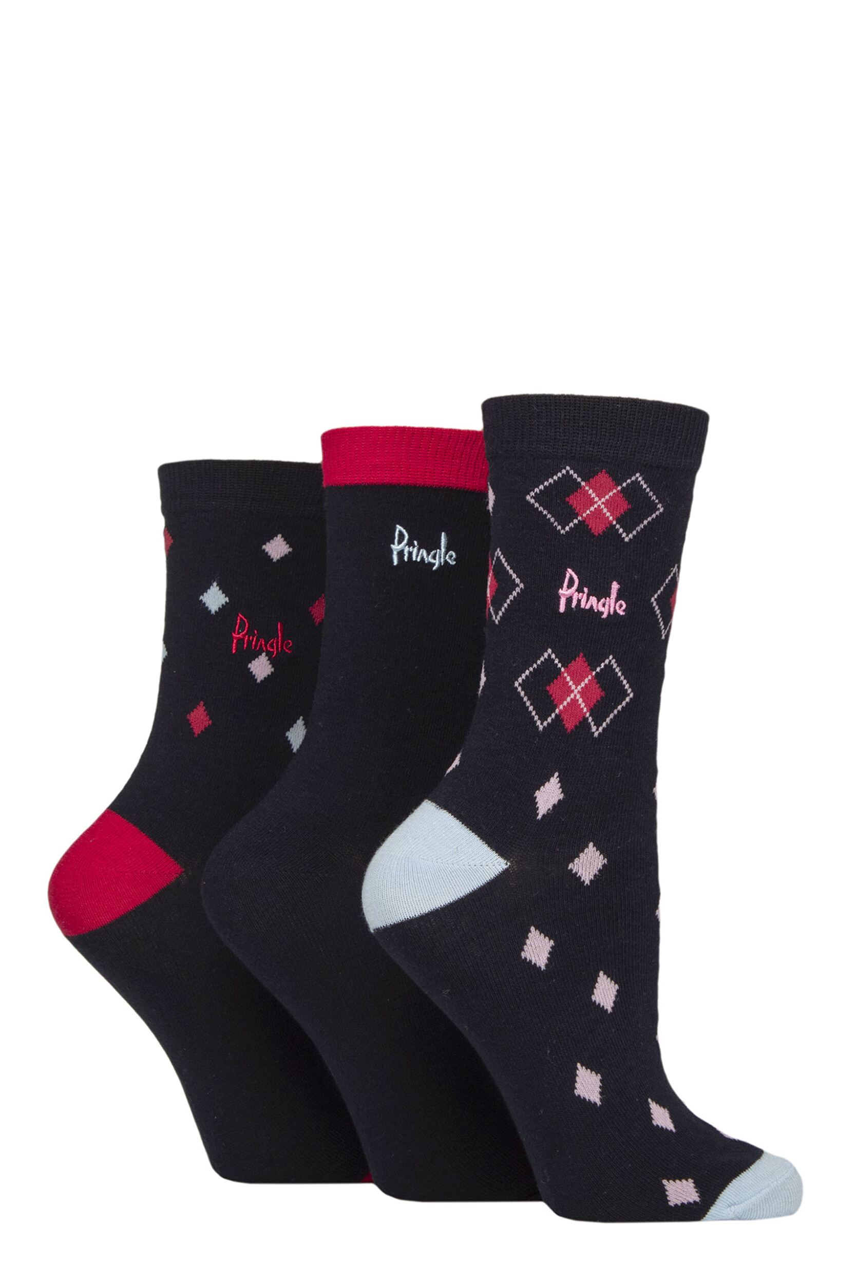 Women's 3 Pair Pringle Patterned Cotton Socks Navy Argyle 4-8 Women's