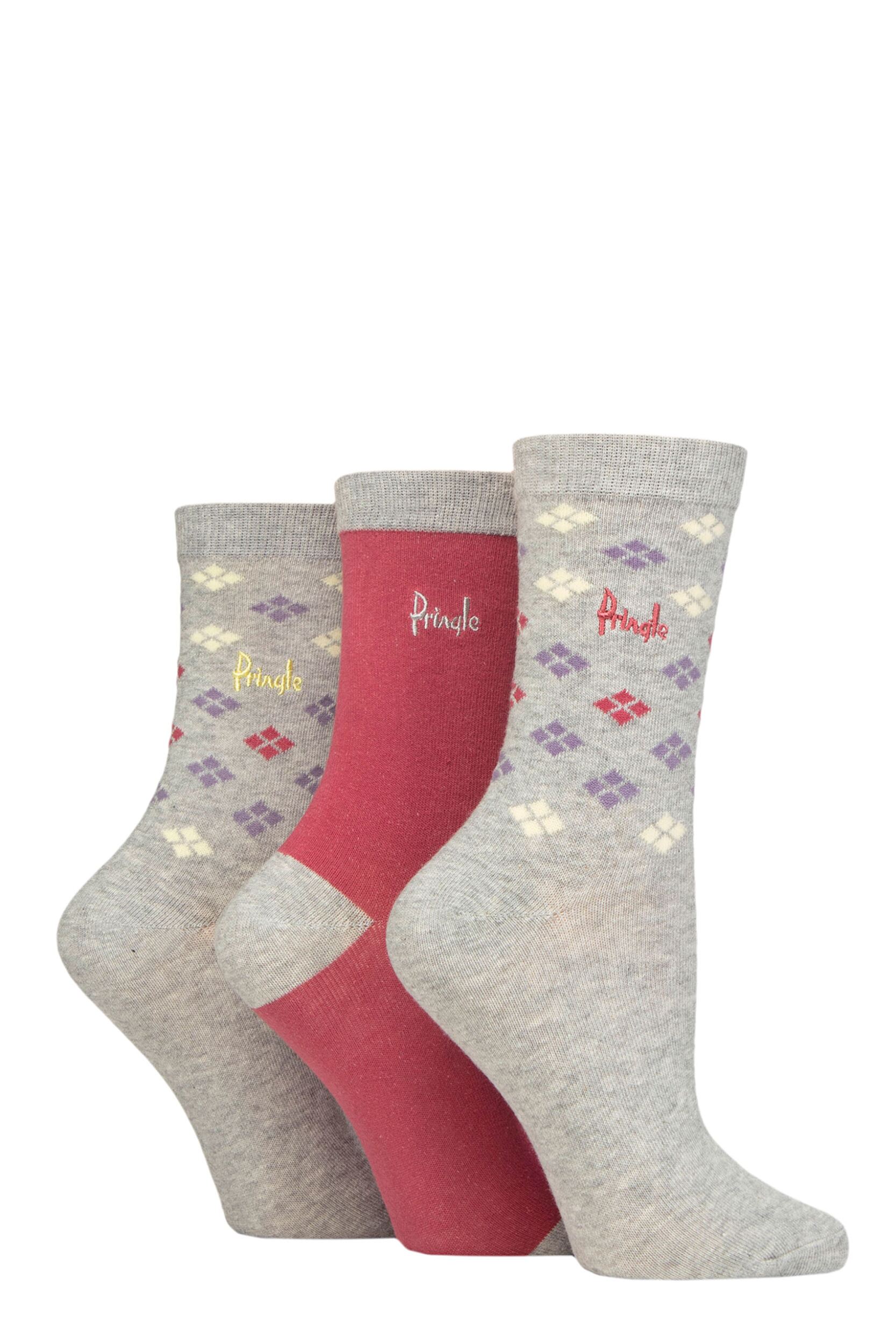 Image of Women's 3 Pair Pringle Patterned Cotton and Recycled Polyester Socks Scatter Diamond Light Grey 4-8 Ladies