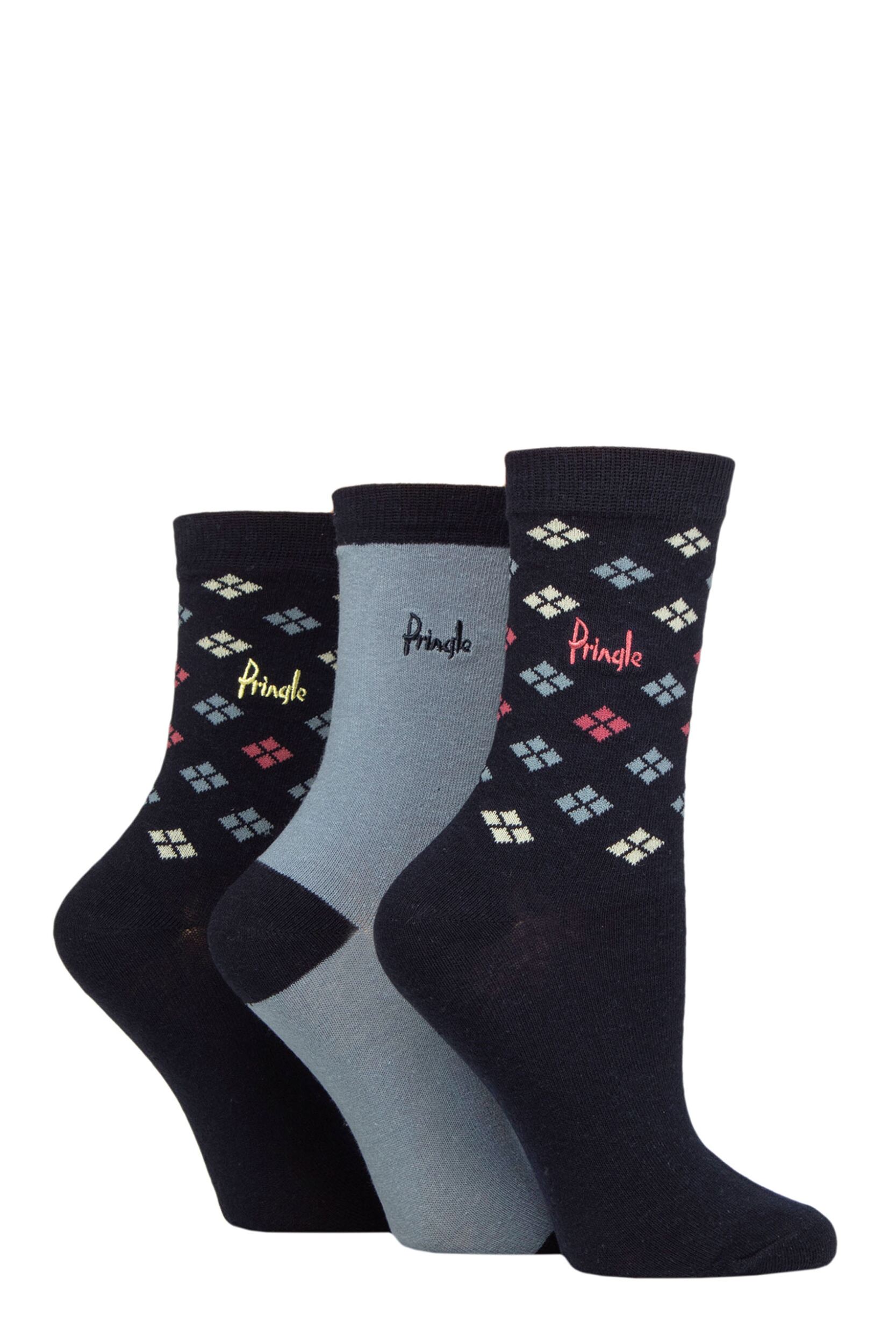 Image of Women's 3 Pair Pringle Patterned Cotton and Recycled Polyester Socks Scatter Diamond Navy 4-8 Ladies