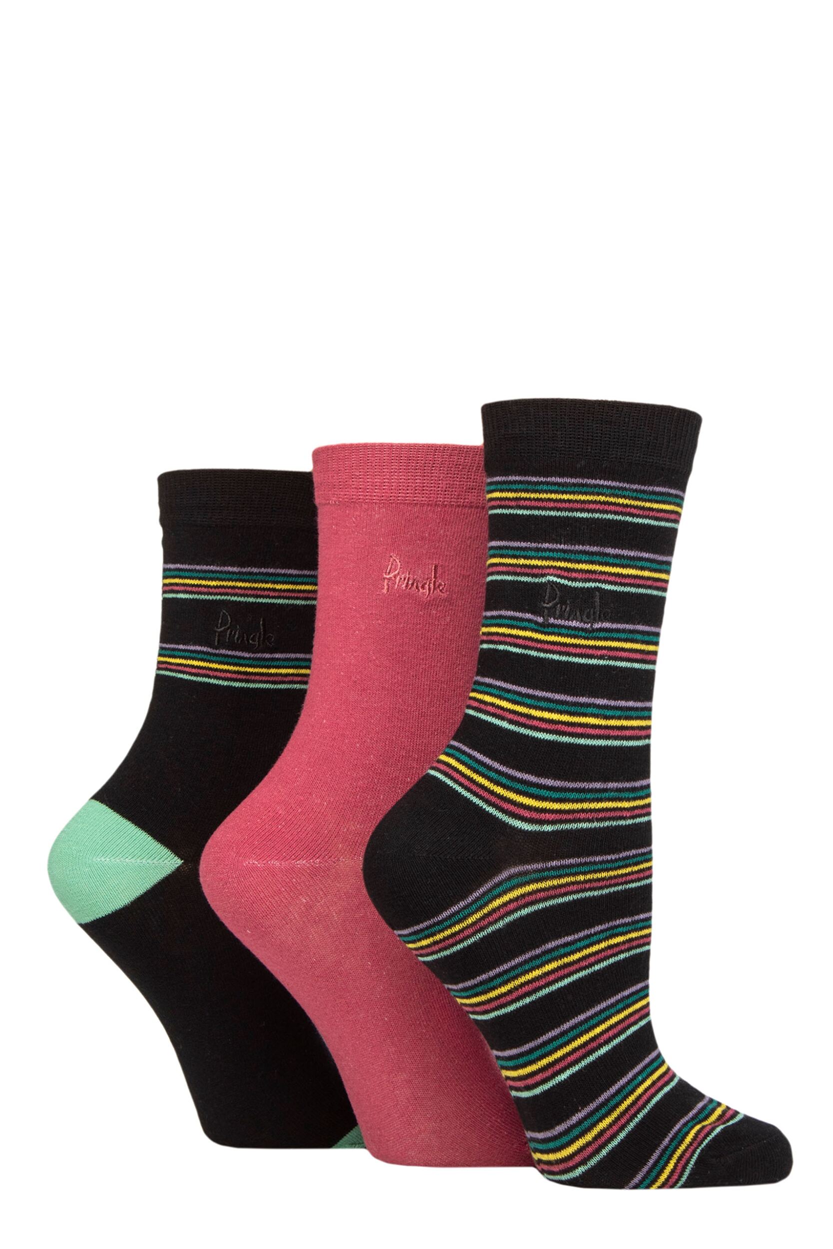 Women's 3 Pair Pringle Patterned Cotton and Recycled Polyester Socks Multi Colour Stripes Black 4-8 Ladies