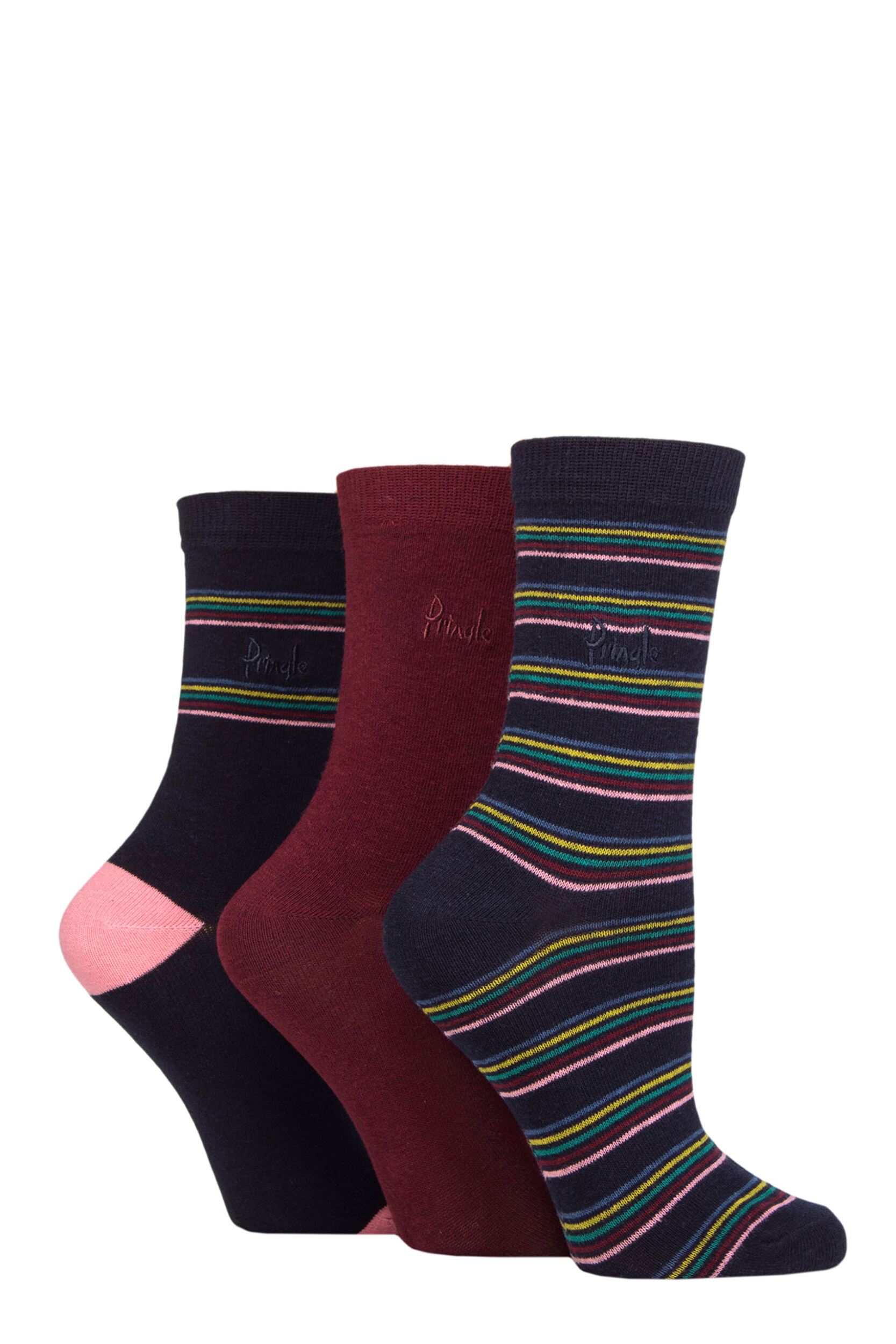 Image of Women's 3 Pair Pringle Patterned Cotton and Recycled Polyester Socks Multi Colour Stripes Navy 4-8 Ladies