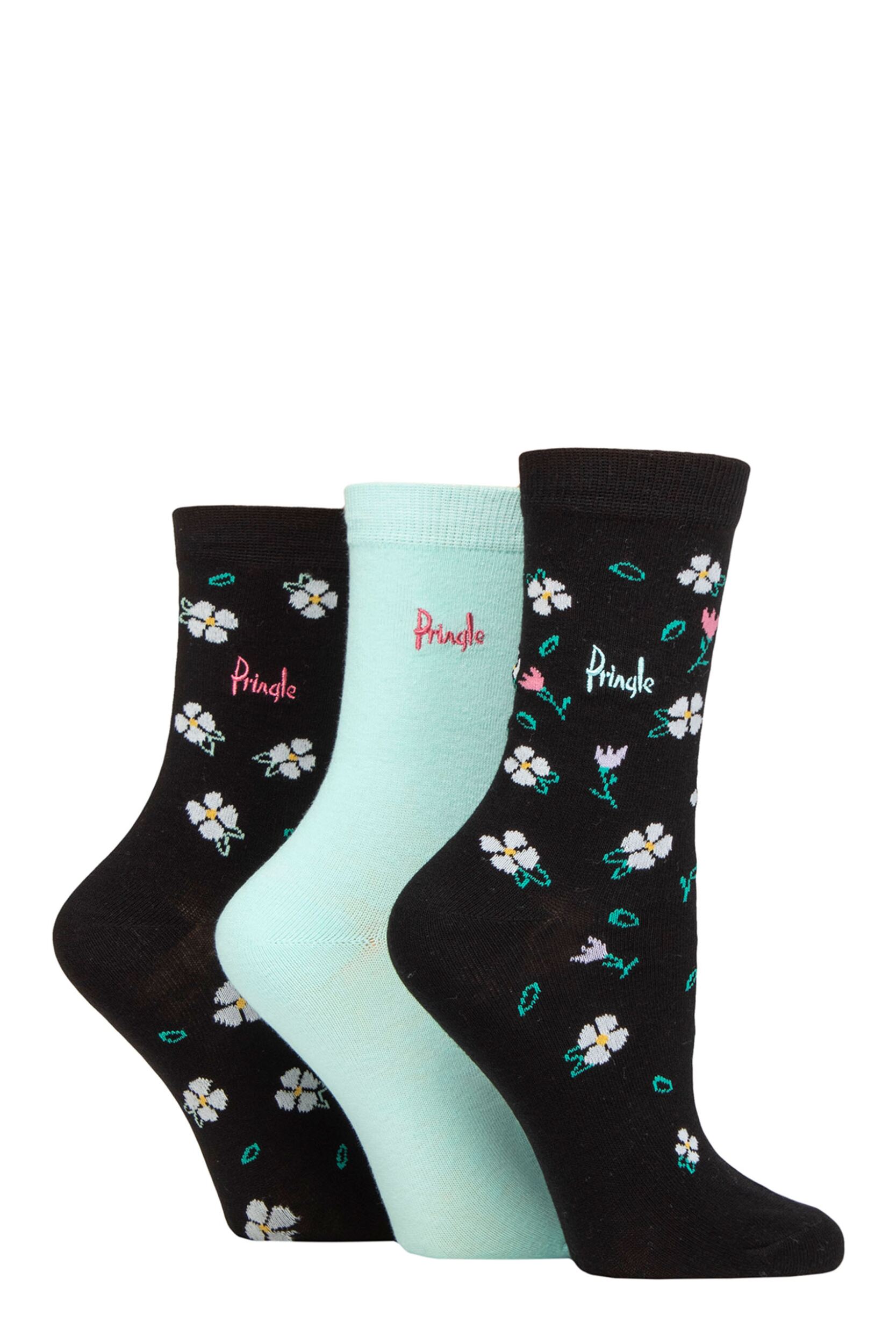 Women's 3 Pair Pringle Patterned Cotton and Recycled Polyester Socks Floral Black 4-8