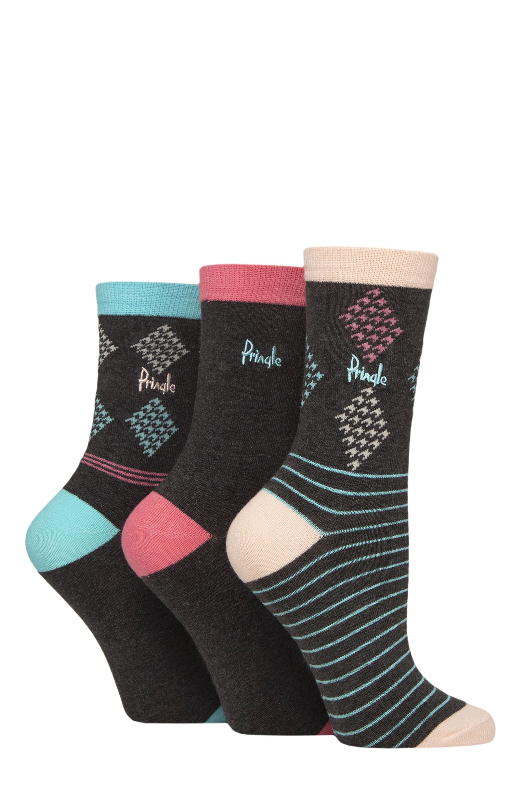 Women's 3 Pair Pringle Patterned Cotton and Recycled Polyester Socks Charcoal Diamond / Stripe 4-8 Women's