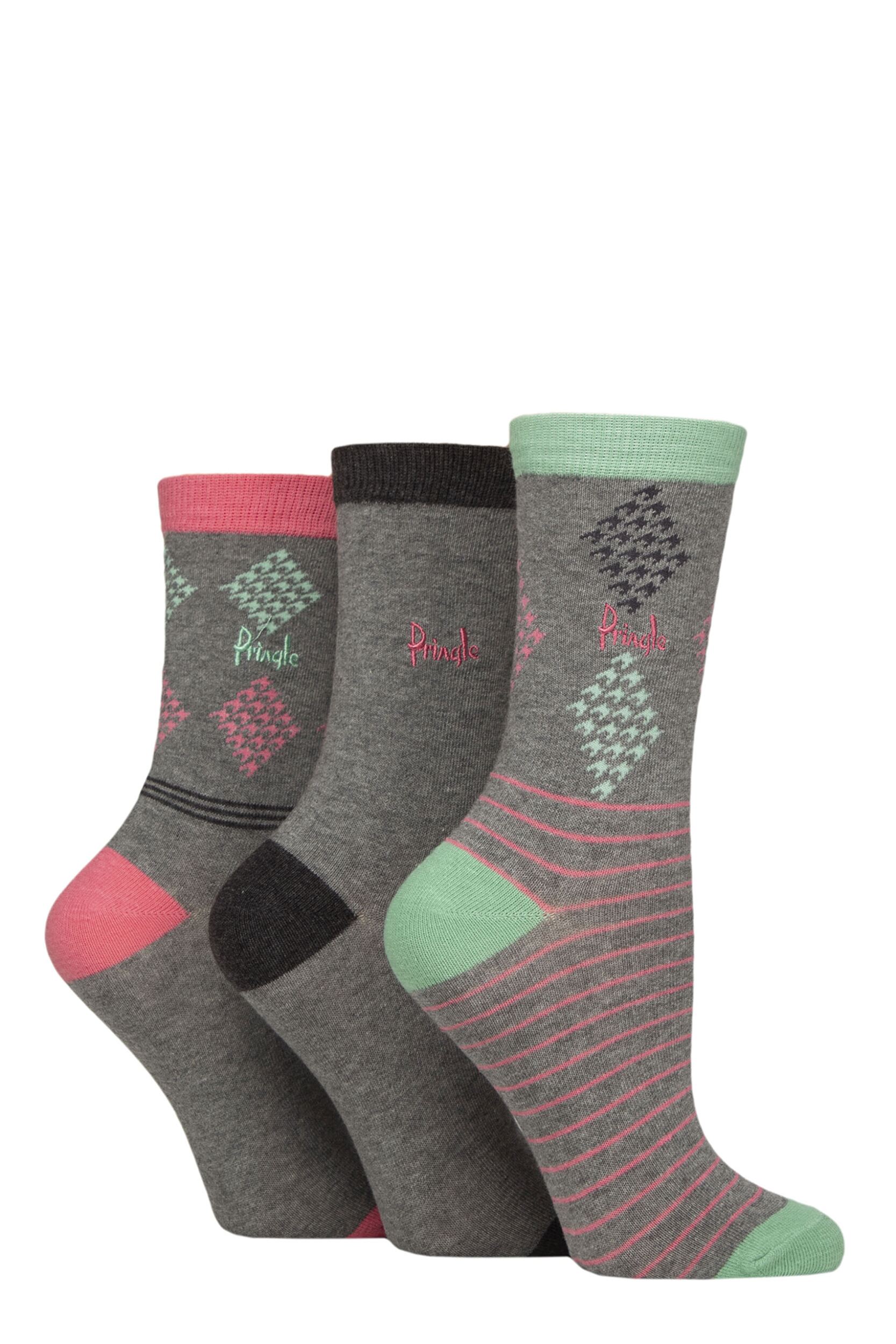 Image of Women's 3 Pair Pringle Patterned Cotton and Recycled Polyester Socks Light Grey Diamond / Stripe 4-8 Women's