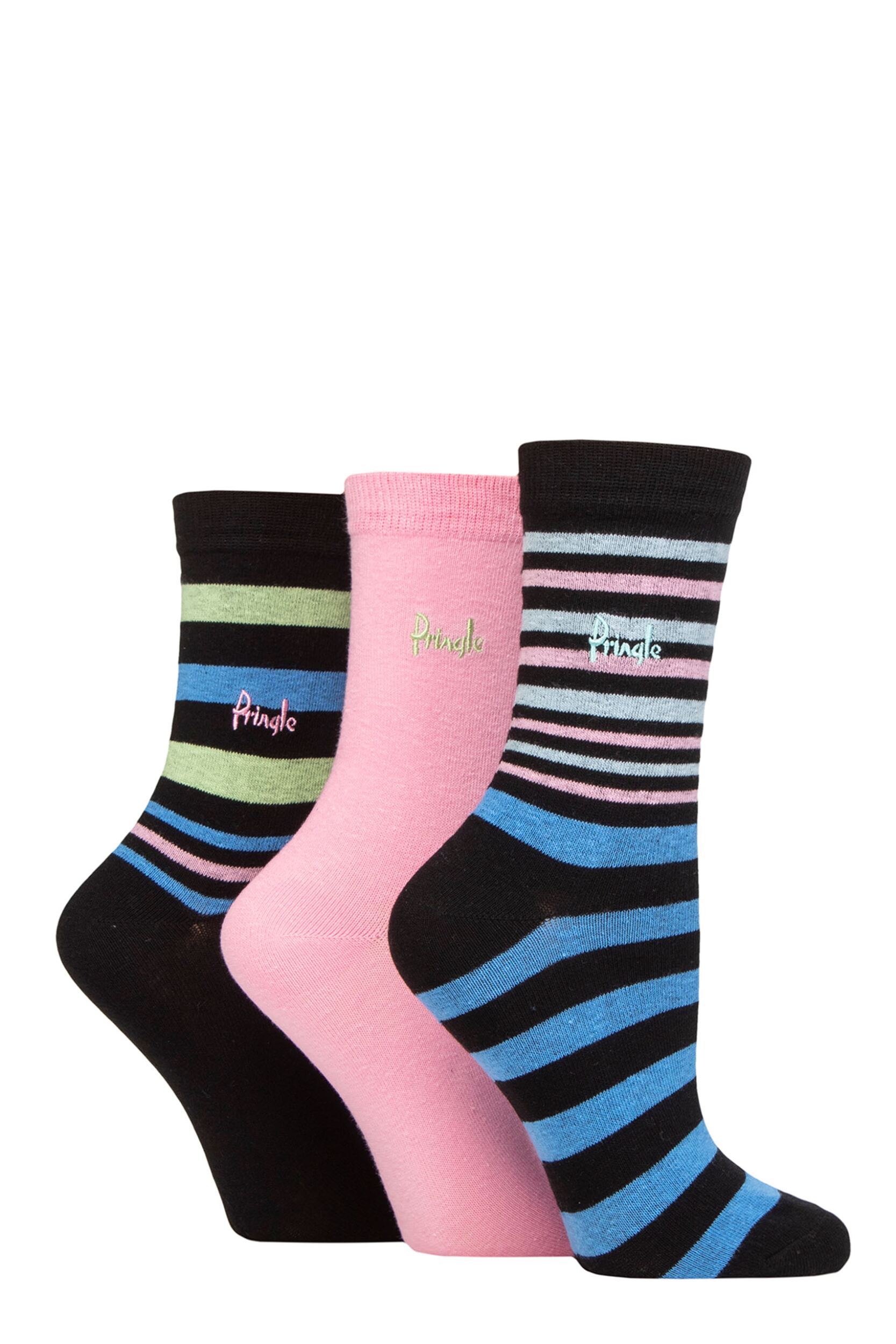 Women's 3 Pair Pringle Patterned Cotton and Recycled Polyester Socks Stripes Black 4-8