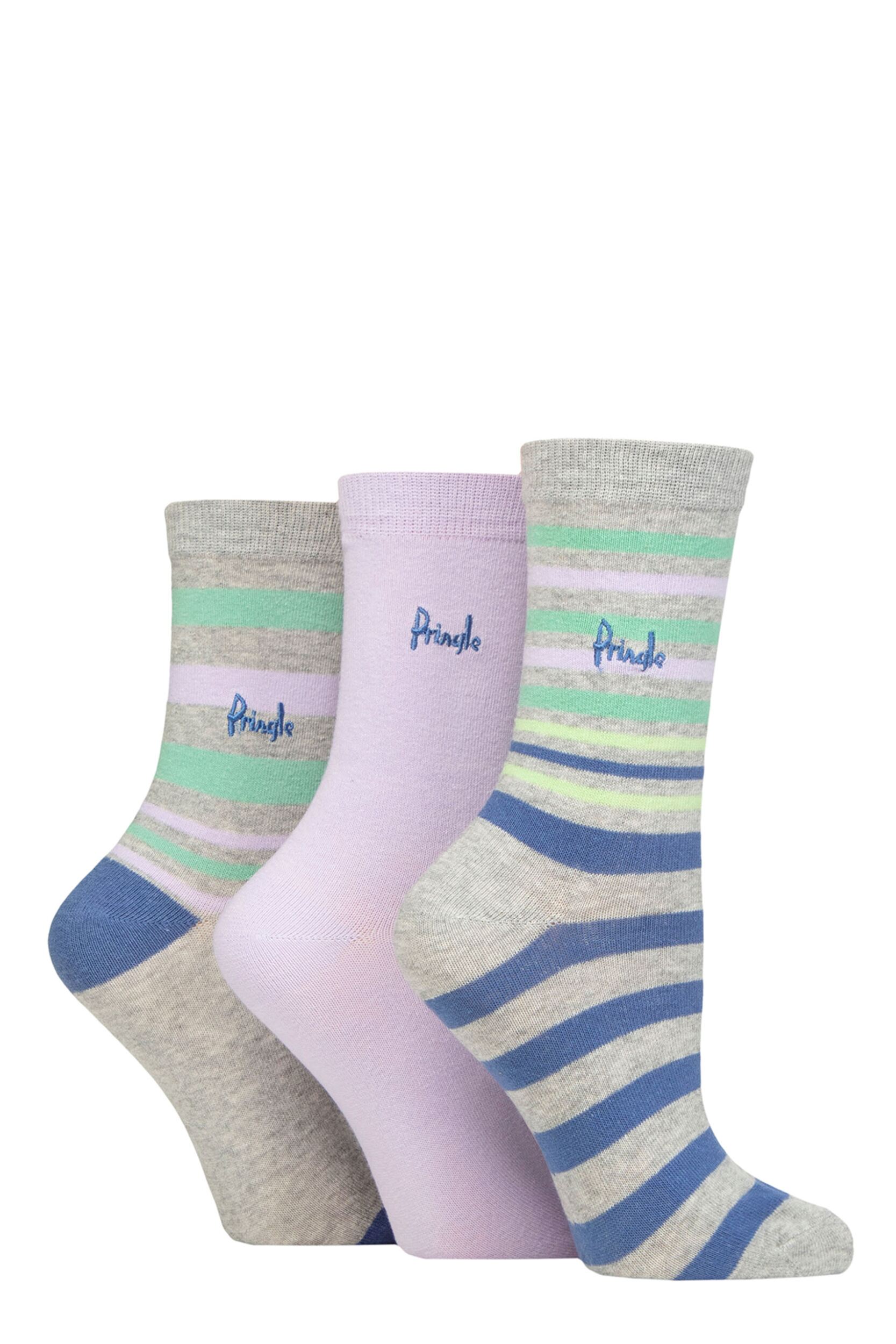 Women's 3 Pair Pringle Patterned Cotton and Recycled Polyester Socks Stripes Light Grey 4-8
