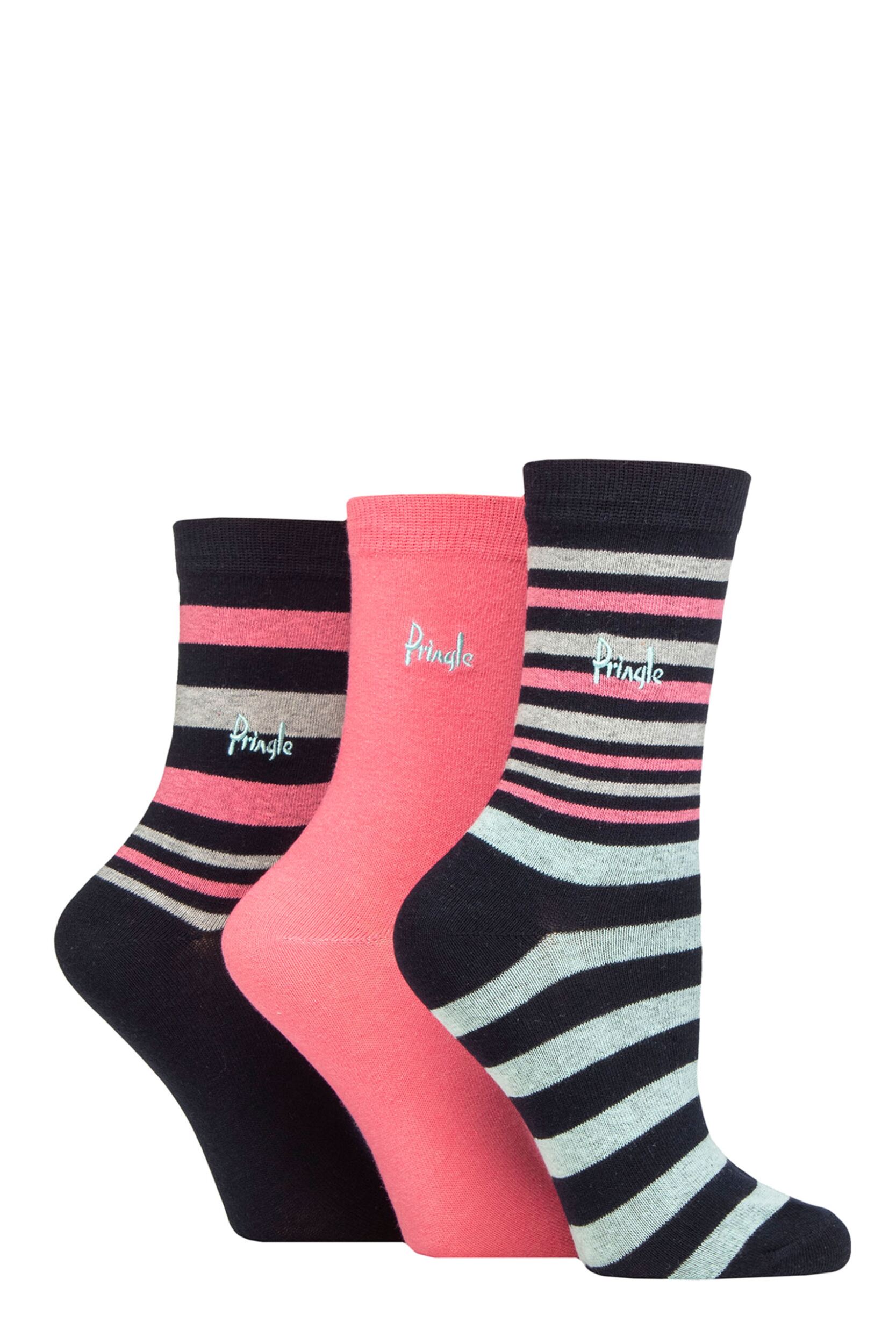 Image of Women's 3 Pair Pringle Patterned Cotton and Recycled Polyester Socks Stripes Navy 4-8