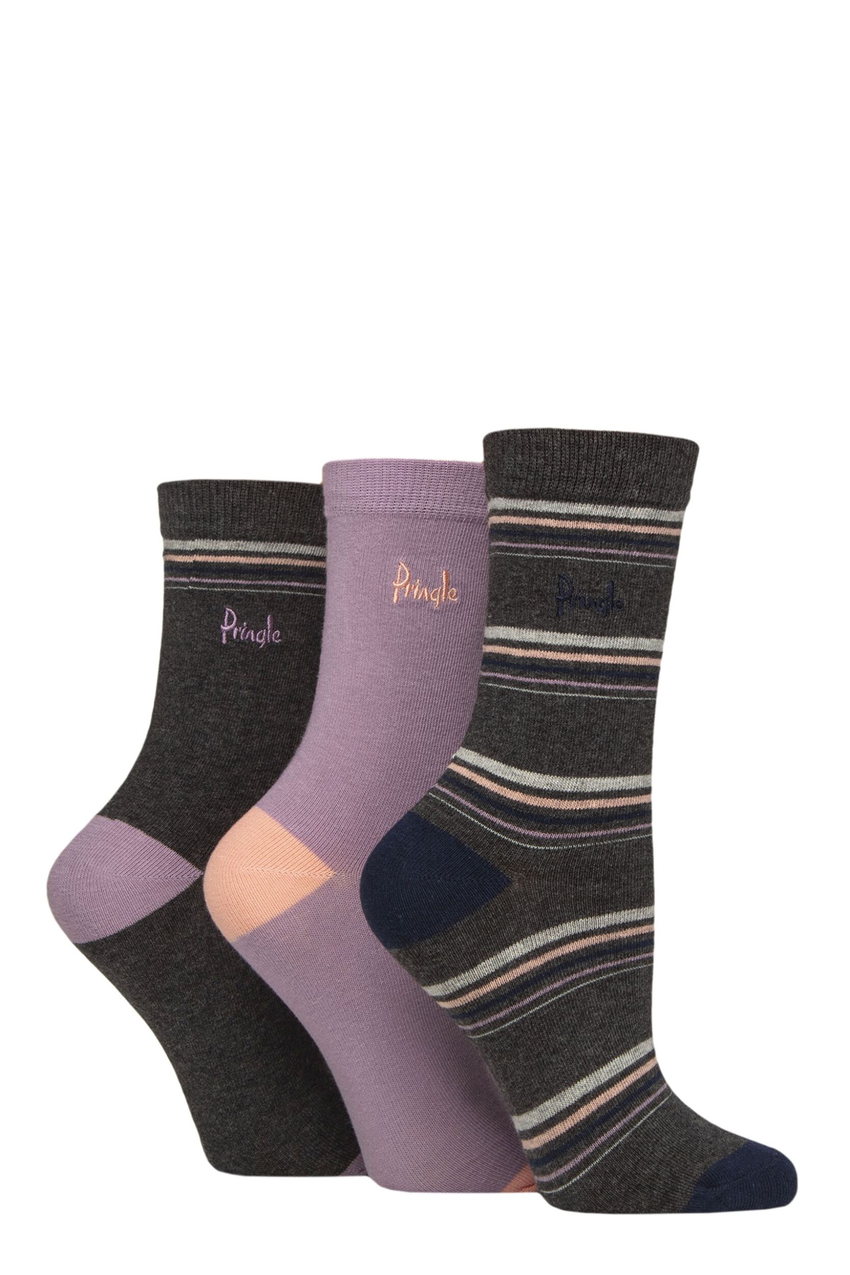 Women's 3 Pair Pringle Patterned Cotton Socks Charcoal Thin Stripe 4-8 Women's
