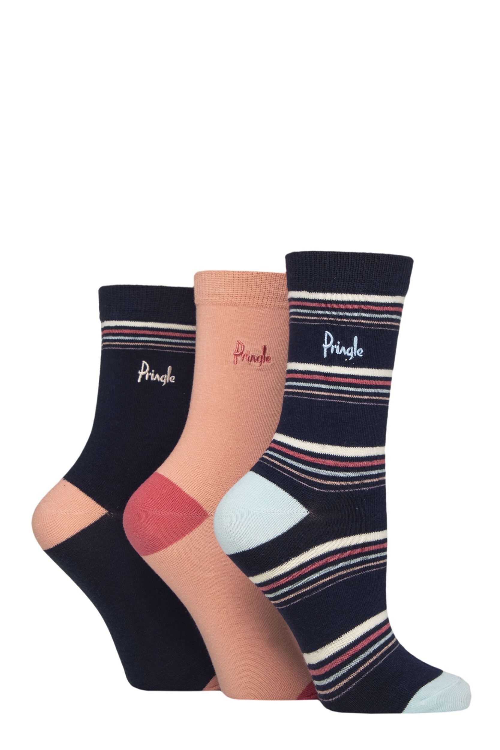 Women's 3 Pair Pringle Patterned Cotton Socks Navy Thin Stripe 4-8 Women's