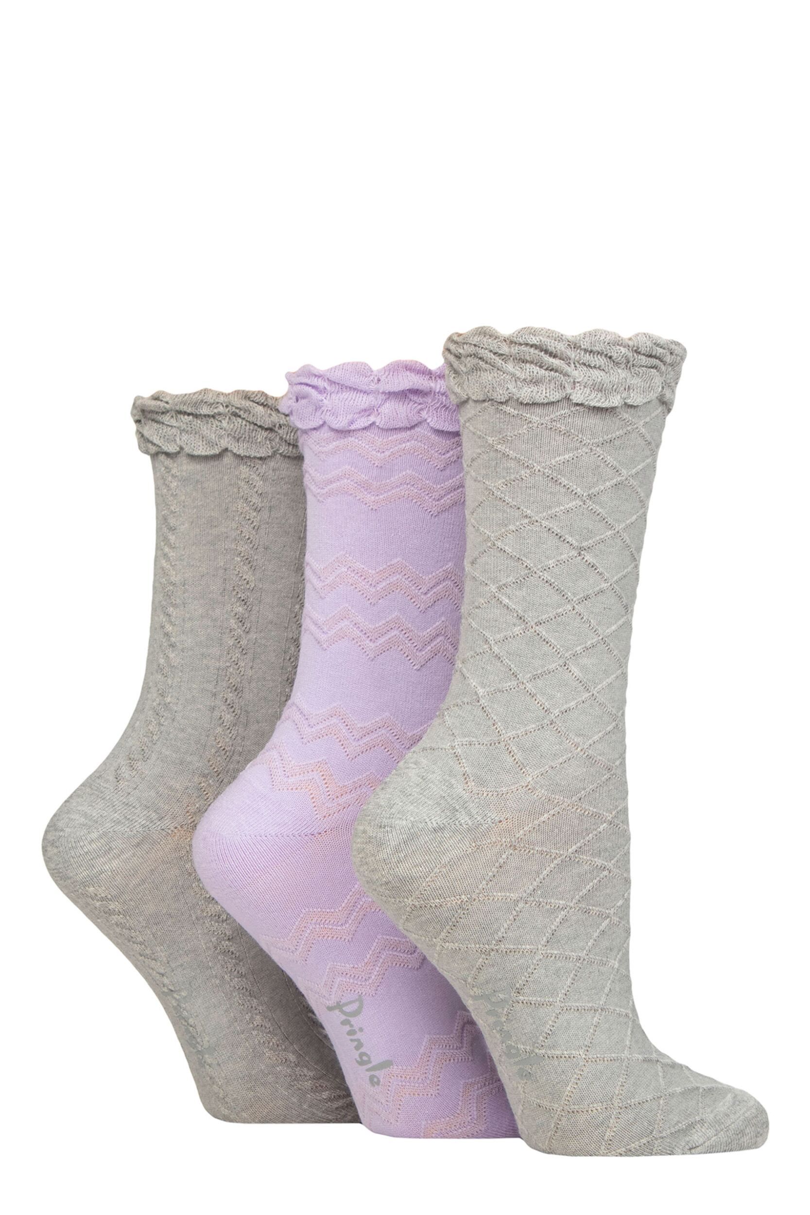 Women's 3 Pair Pringle Cotton Textured Knit Socks Grey / Lilac / Grey 4-8