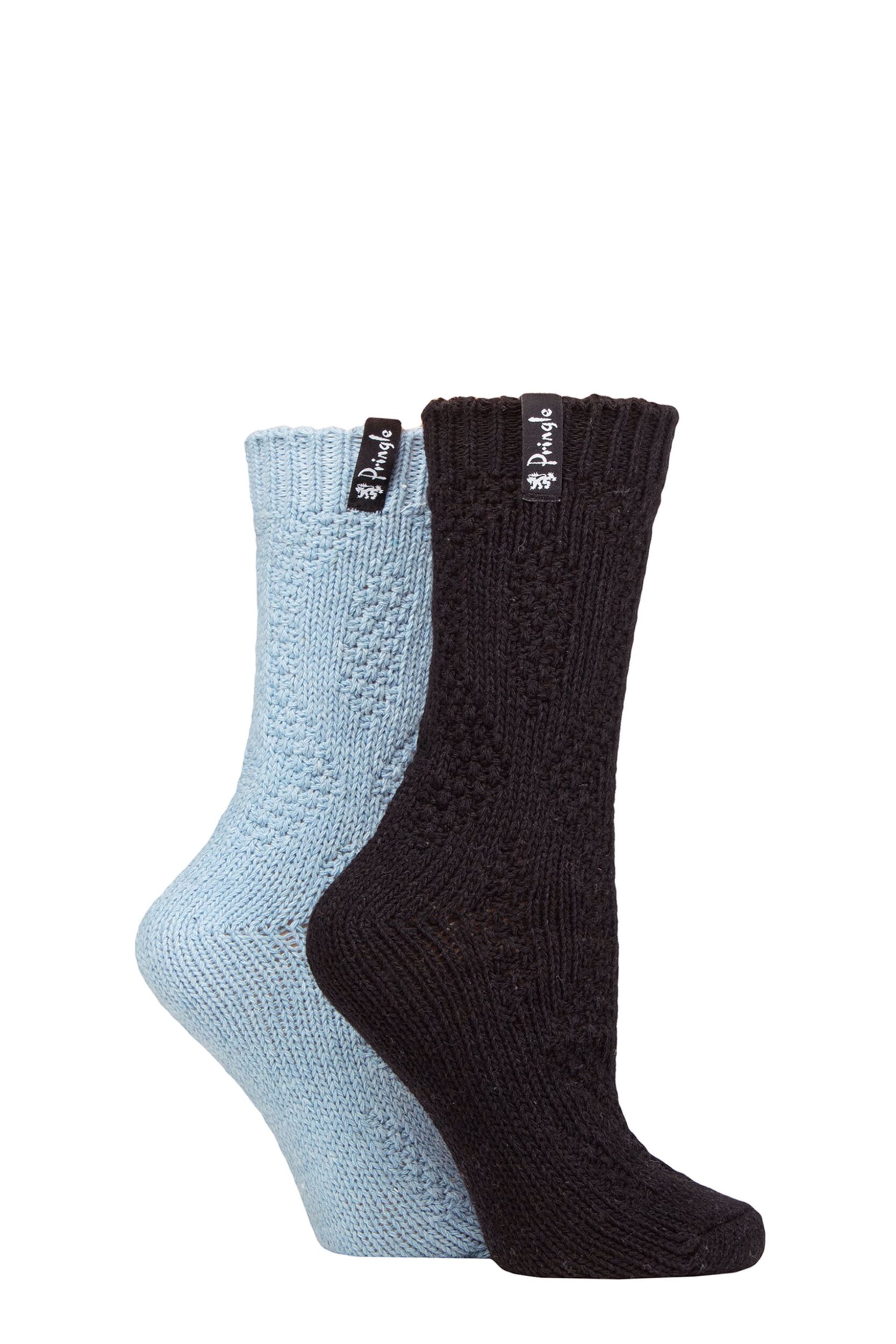 Women's 2 Pair Pringle Classic Fashion Boot Socks Diamond Light Blue / Black UK 4-8