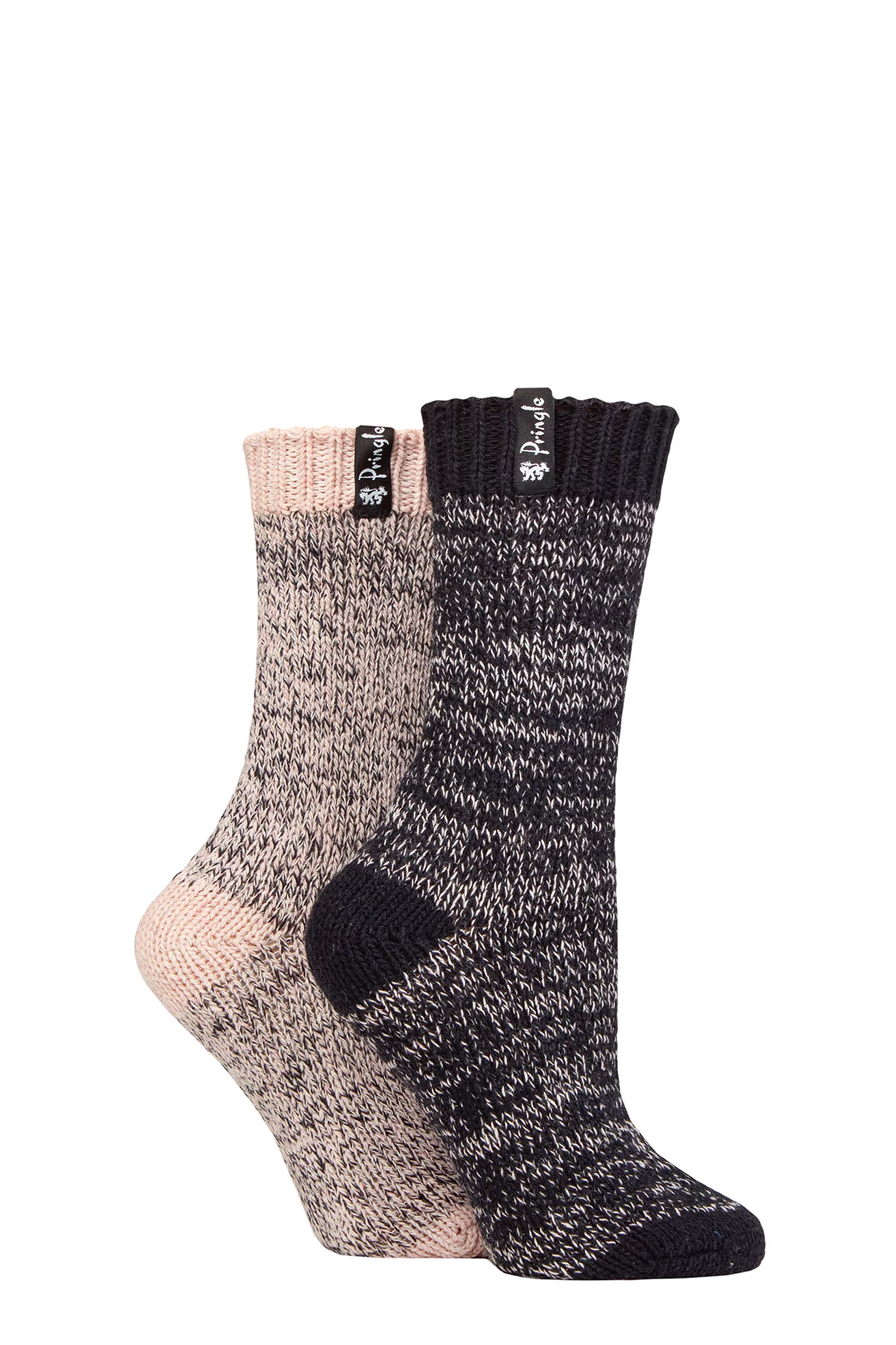 Women's 2 Pair Pringle Classic Fashion Boot Socks Plain Navy / Light Pink UK 4