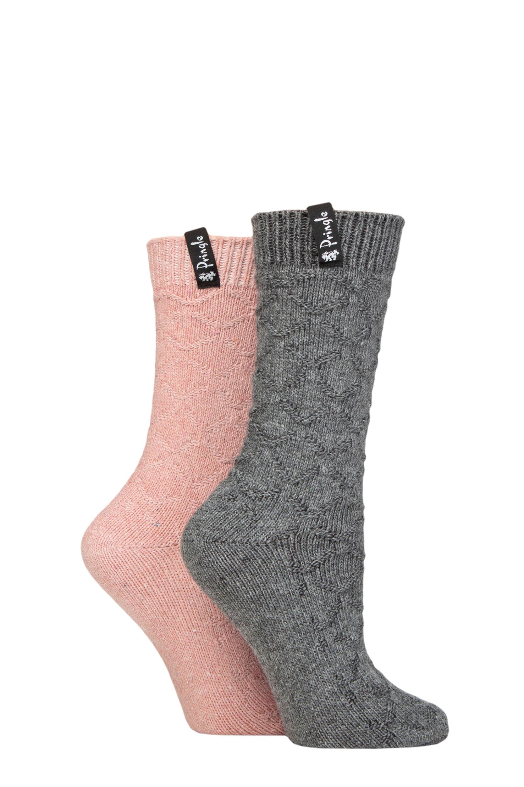 Women's 2 Pair Pringle Recycled Wool Boot Socks Diamond Charcoal / Pink 4-8 Ladies