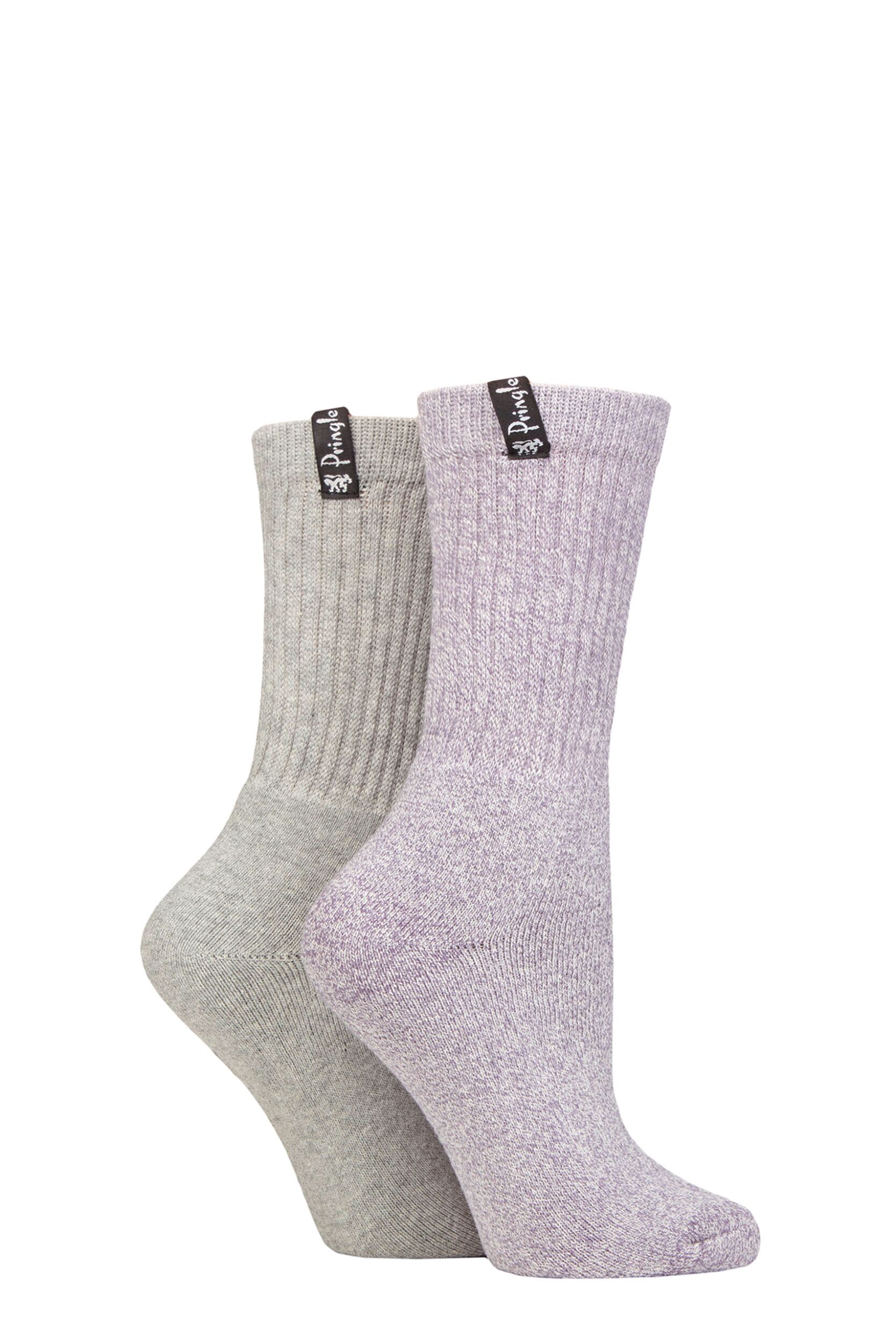 Women's 2 Pair Pringle Cushioned Cotton Boot Socks Light Grey / Lilac UK 4-8