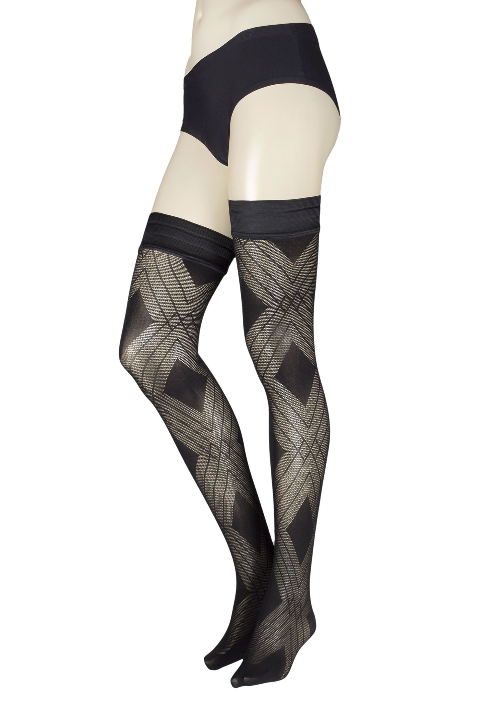 Image of Ladies  Pair Trasparenze Fata Diamond Hold Ups Black Large / Extra Large