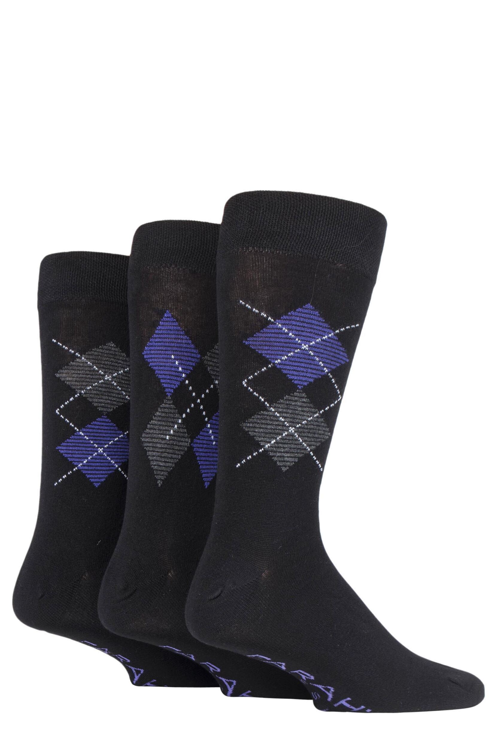 3 Pair Black  /  Purple Luxury Bamboo Argyle Socks Men's 6-11 Mens - Farah