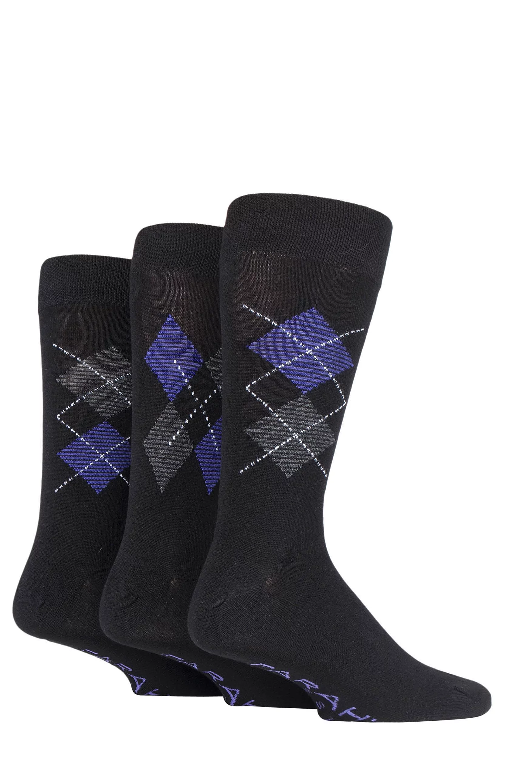 3 Pair Black / Purple Luxury Bamboo Argyle Socks Men's 6-11 Mens - Farah