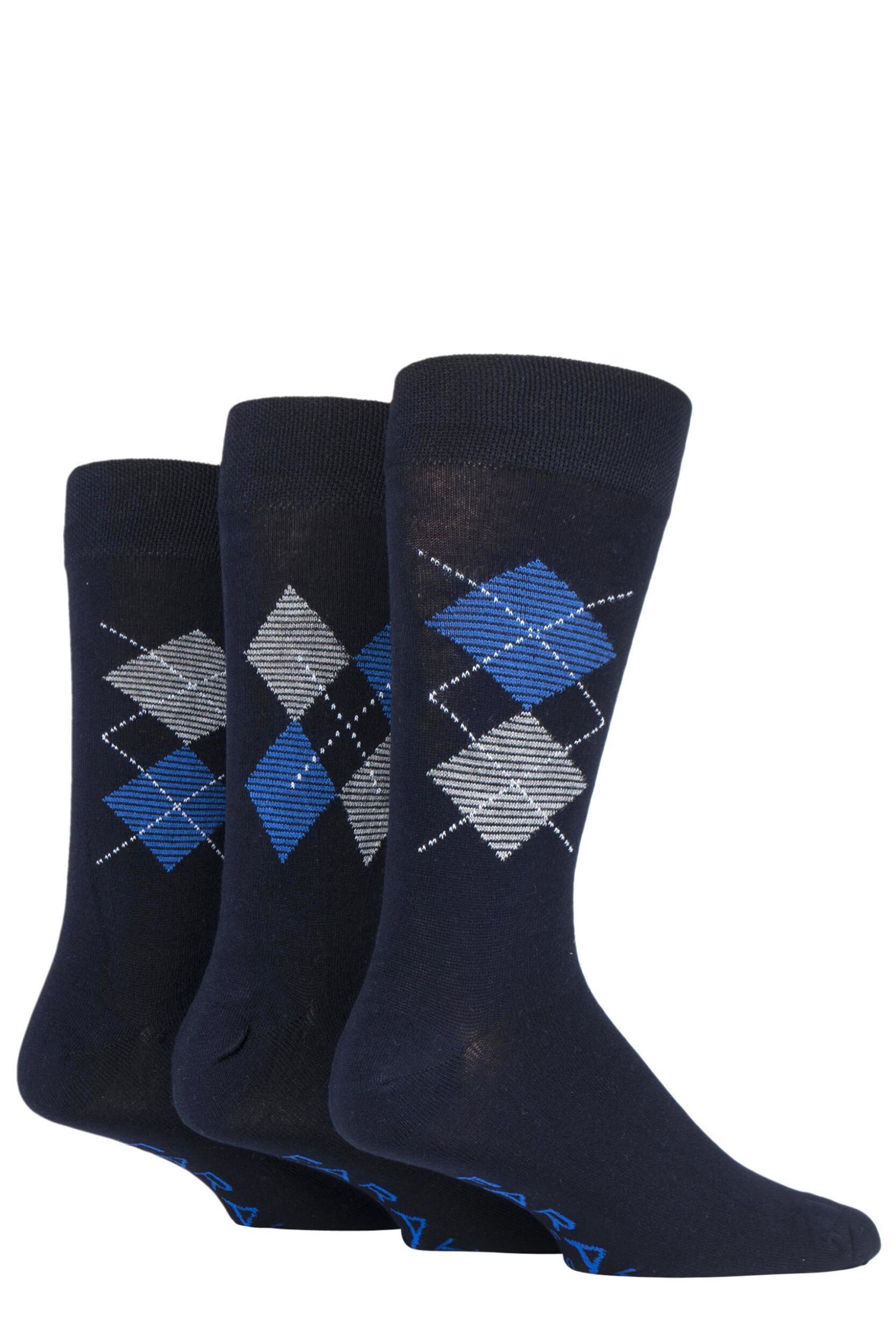 3 Pair Navy  /  Blue Luxury Bamboo Argyle Socks Men's 6-11 Mens - Farah