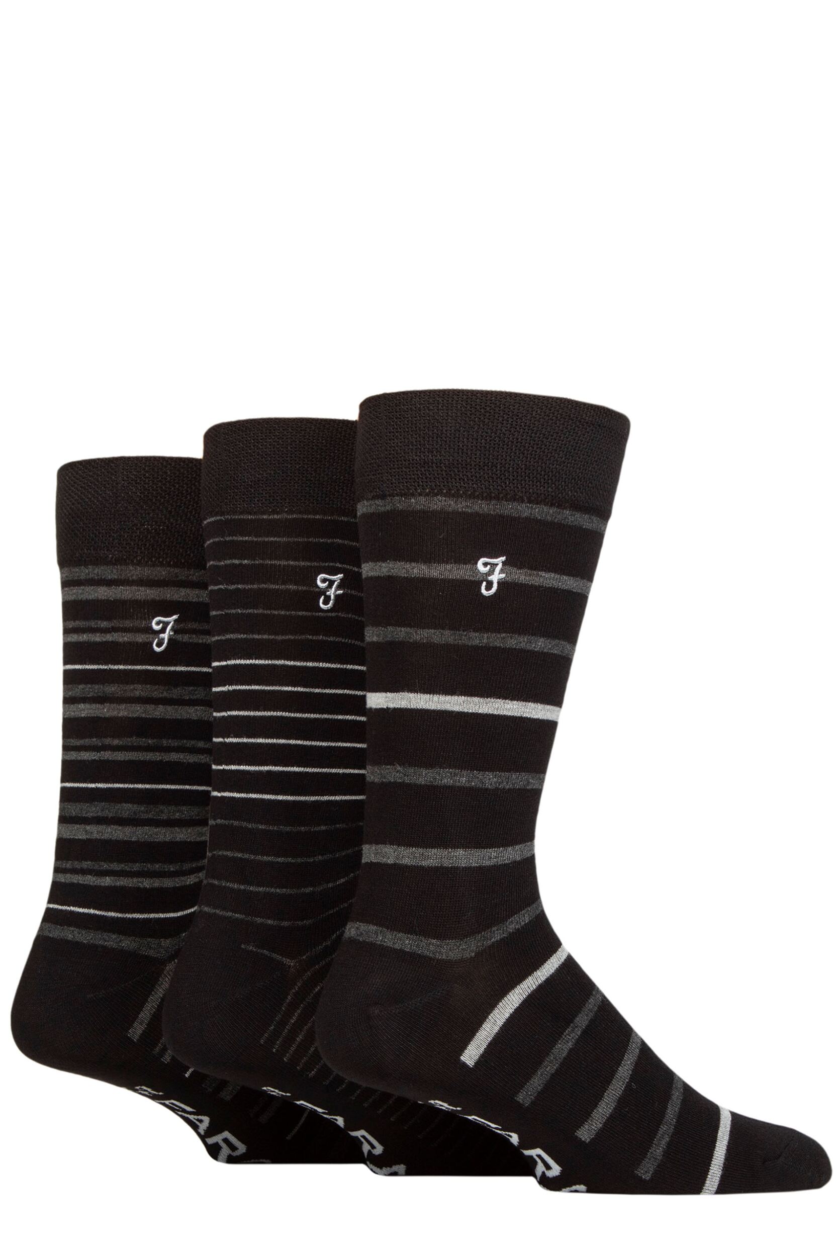 3 Pair Black / Charcoal Luxury Bamboo Stripe Socks Men's 6-11 Mens - Farah