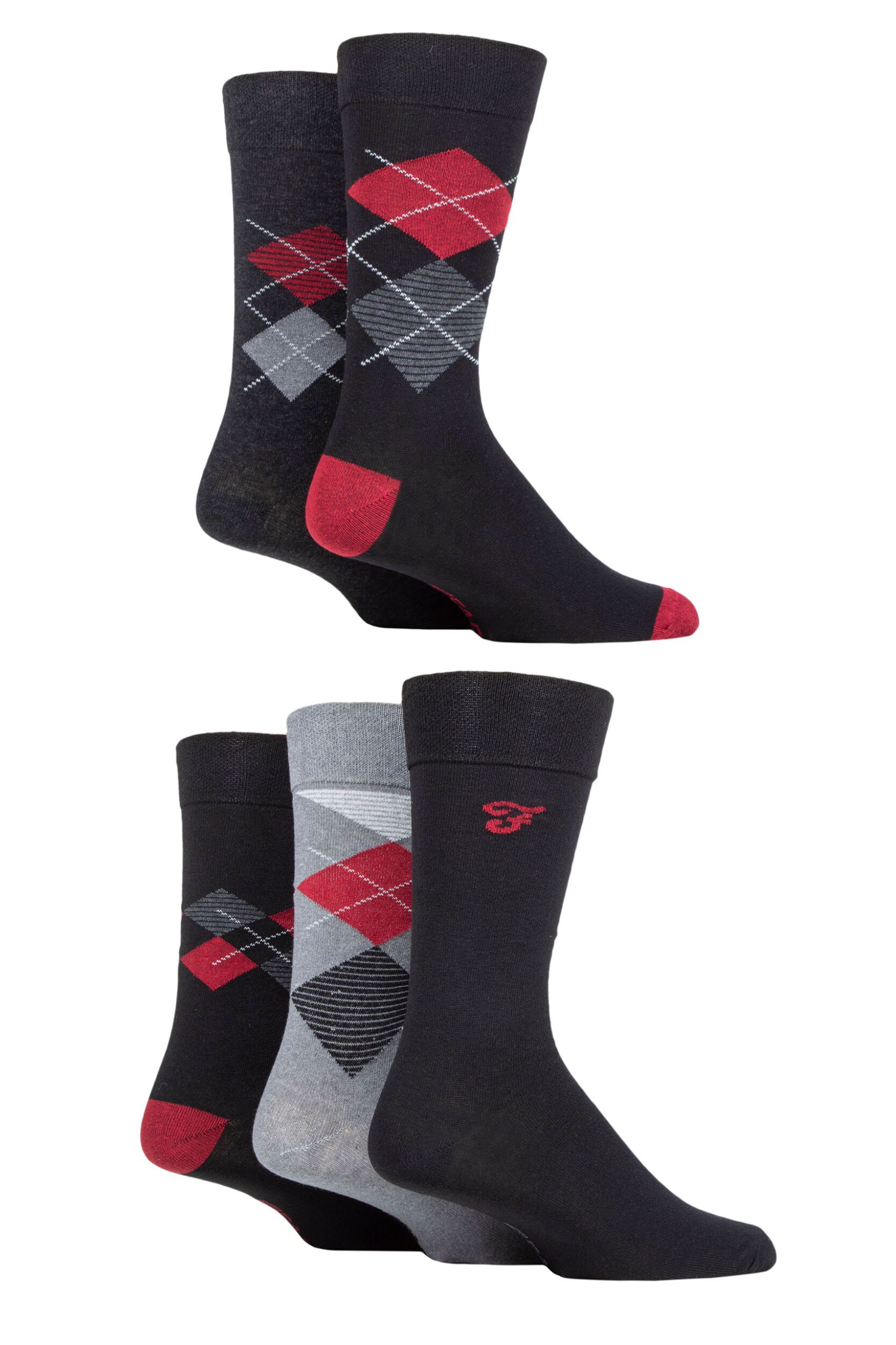 Mens 5 Pair Farah Patterned Striped and Argyle Cotton Socks Argyle Black / Berry 6-11 Mens