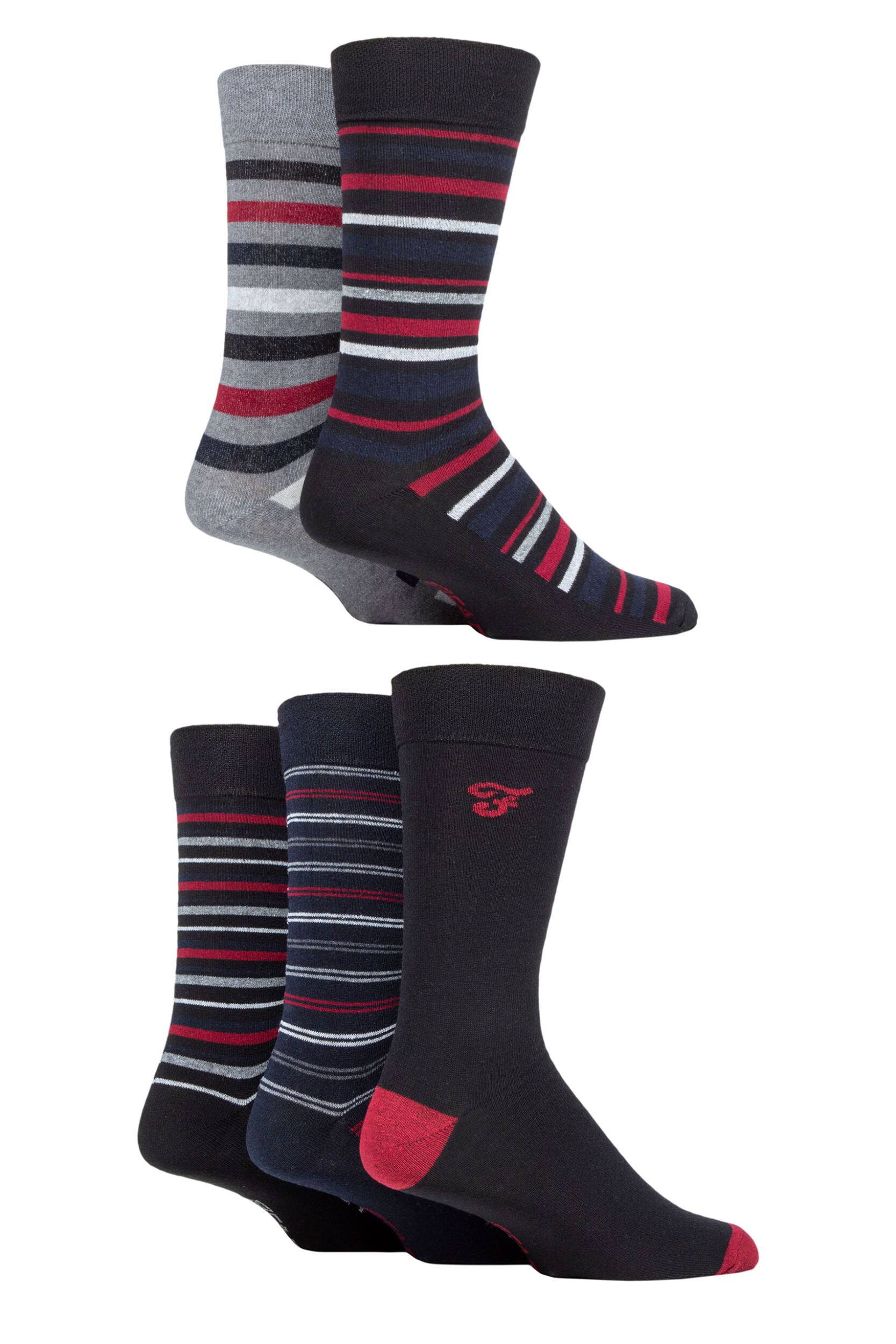 Image of Mens 5 Pair Farah Patterned Striped and Argyle Cotton Socks Stripe Black / Berry 6-11 Mens