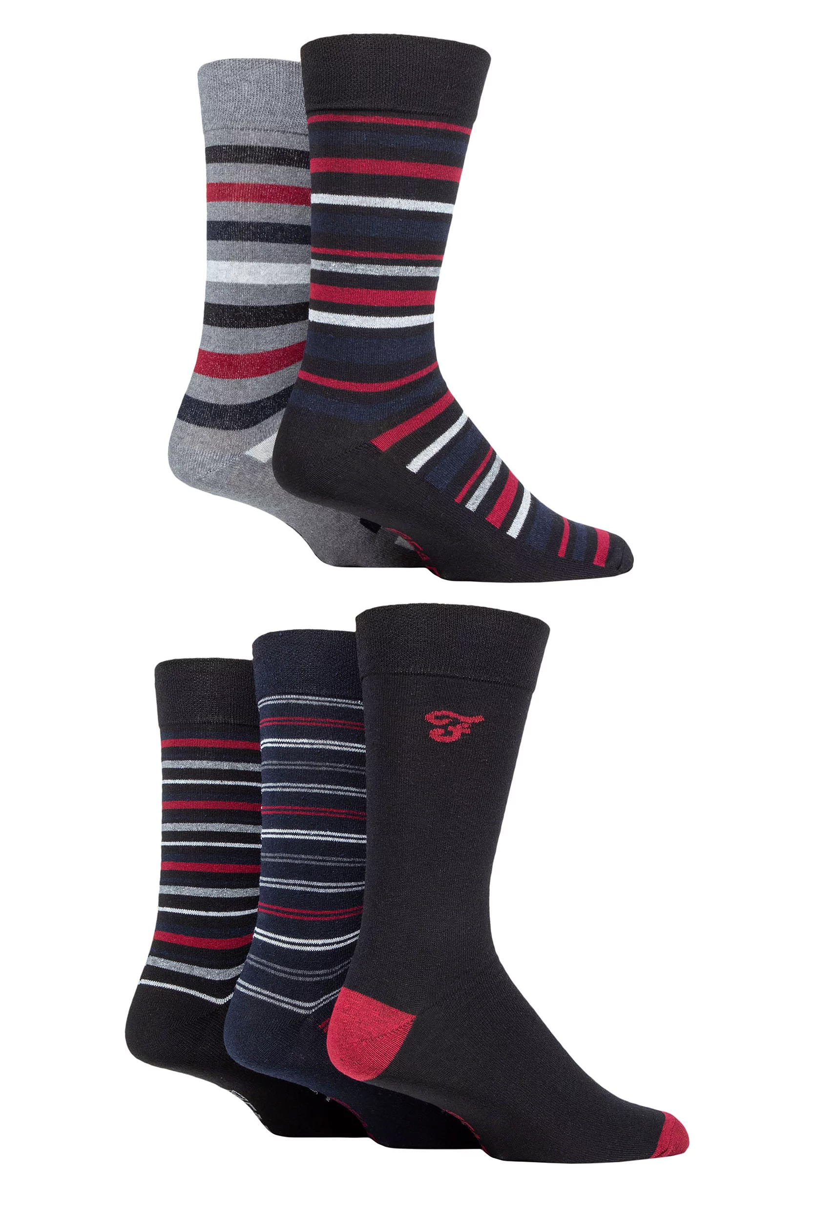 Mens 5 Pair Farah Patterned Striped and Argyle Cotton Socks Stripe Black / Berry 6-11 Mens